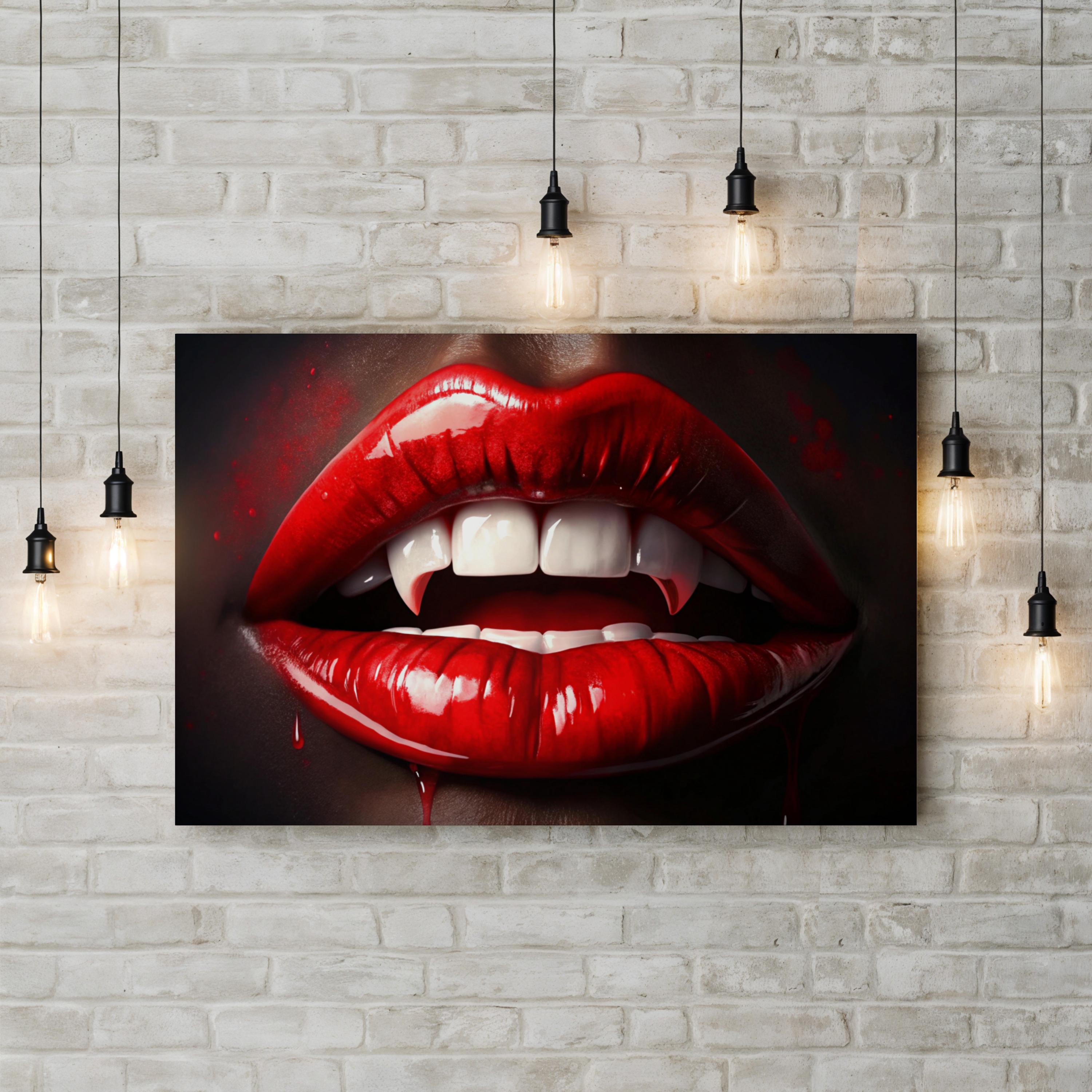 Gothic Vampire Red Lips – Period Illustration Wall Art | Dark Seductive Canvas Print