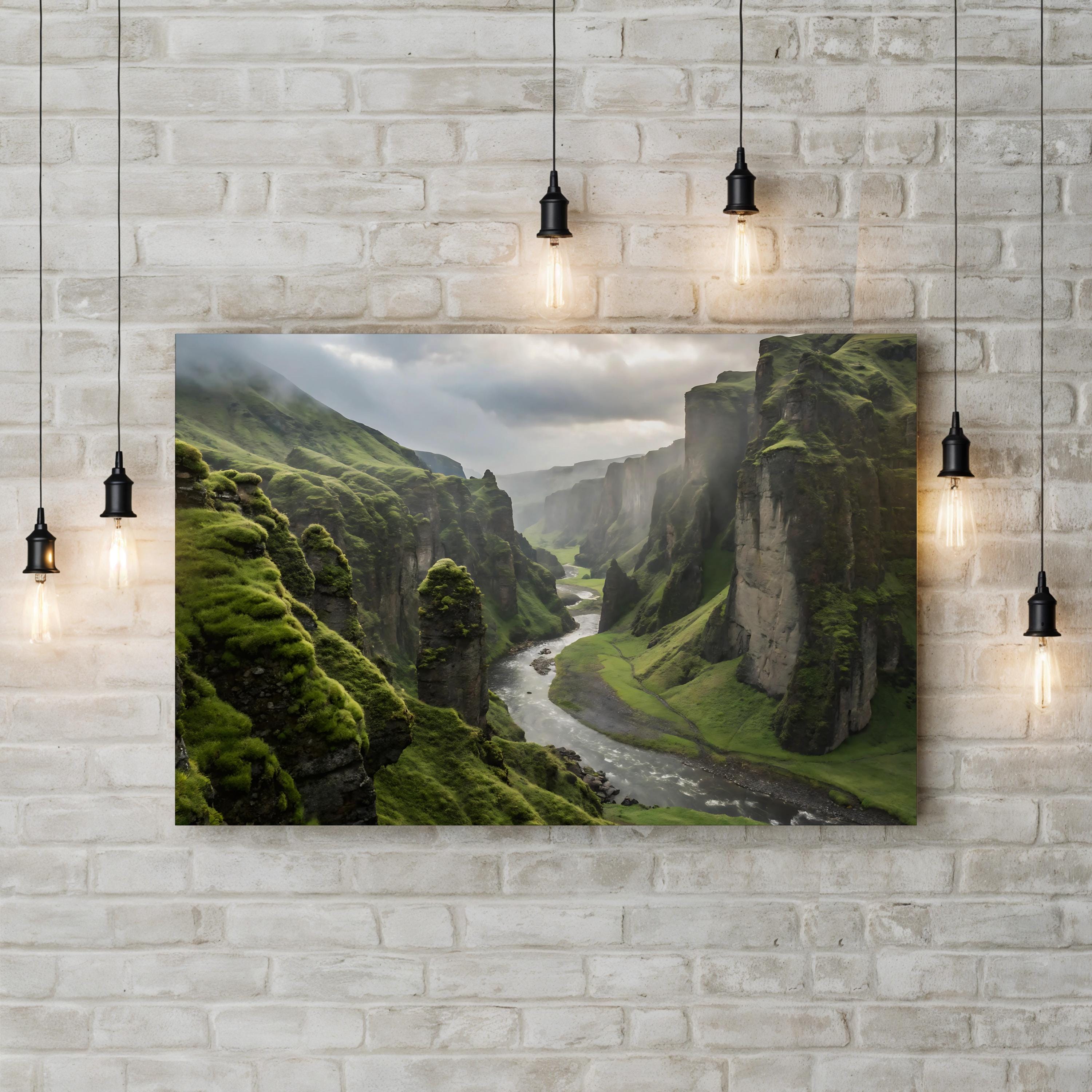 Iceland Green Canyon River – Vintage Photography Wall Art | Mountain Landscape Canvas Print