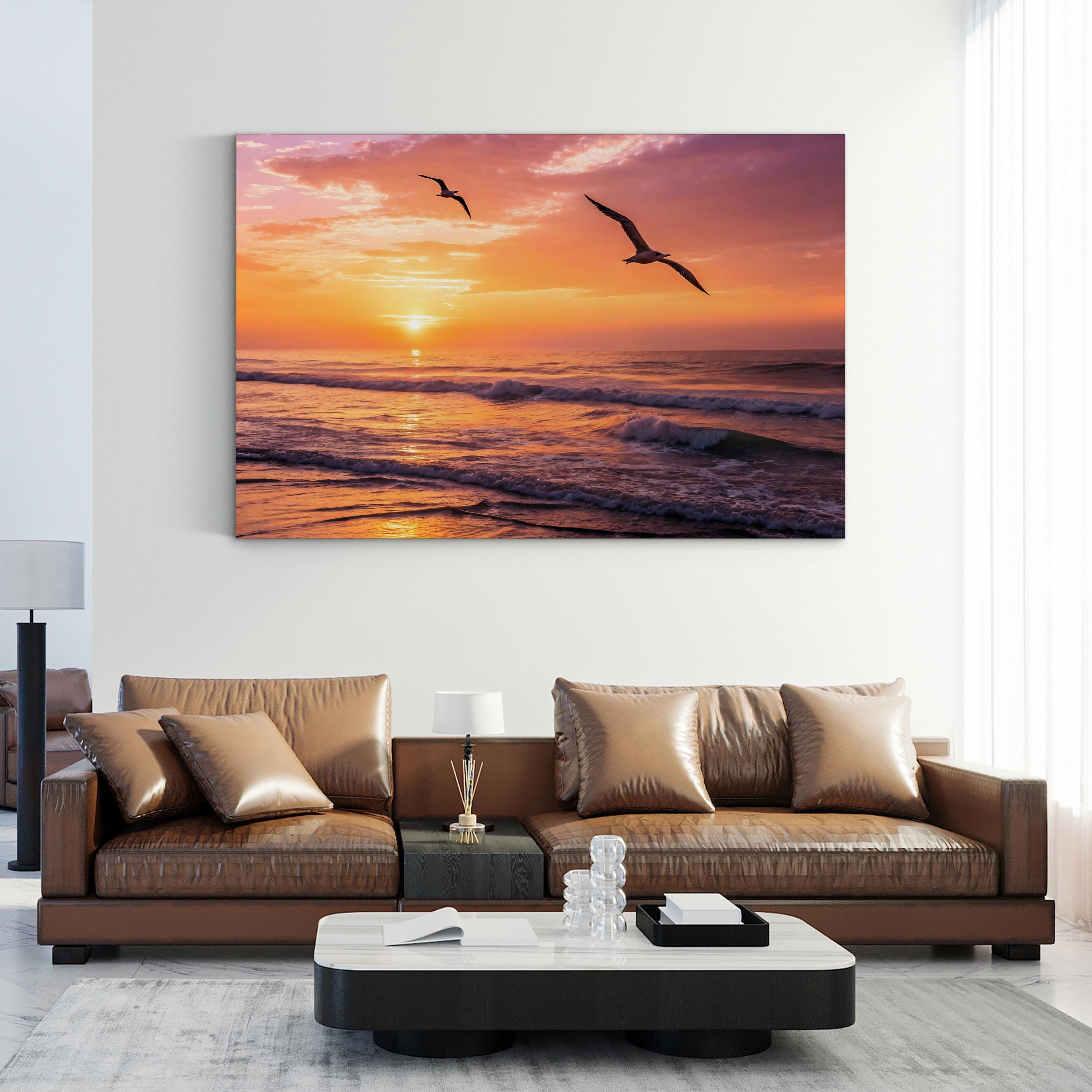Sunset Ocean Seagulls – Vintage Photography Wall Art | Coastal Beach Canvas Print
