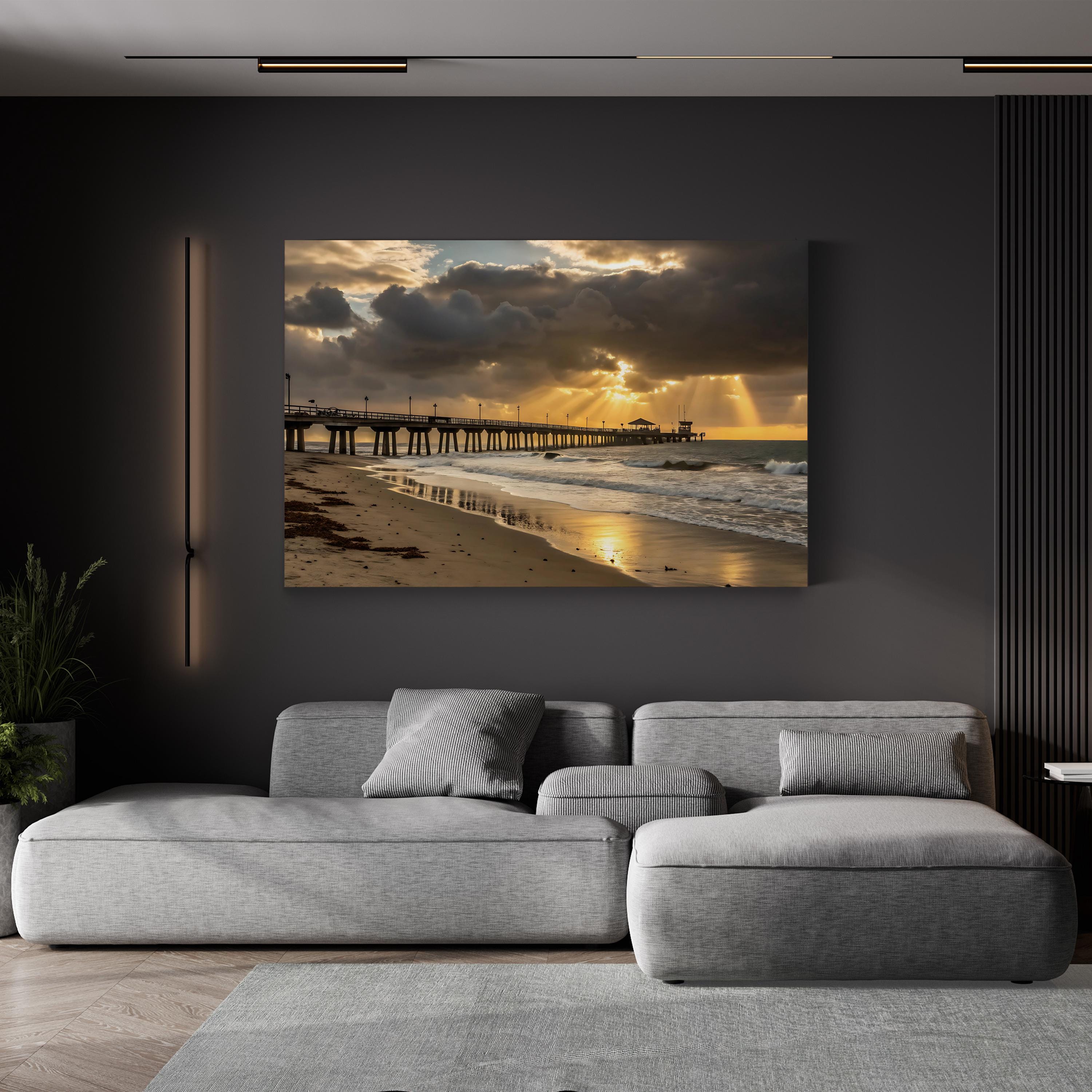 Sunset Beach Pier Sunrays – Vintage Photography Wall Art | Coastal Canvas Print