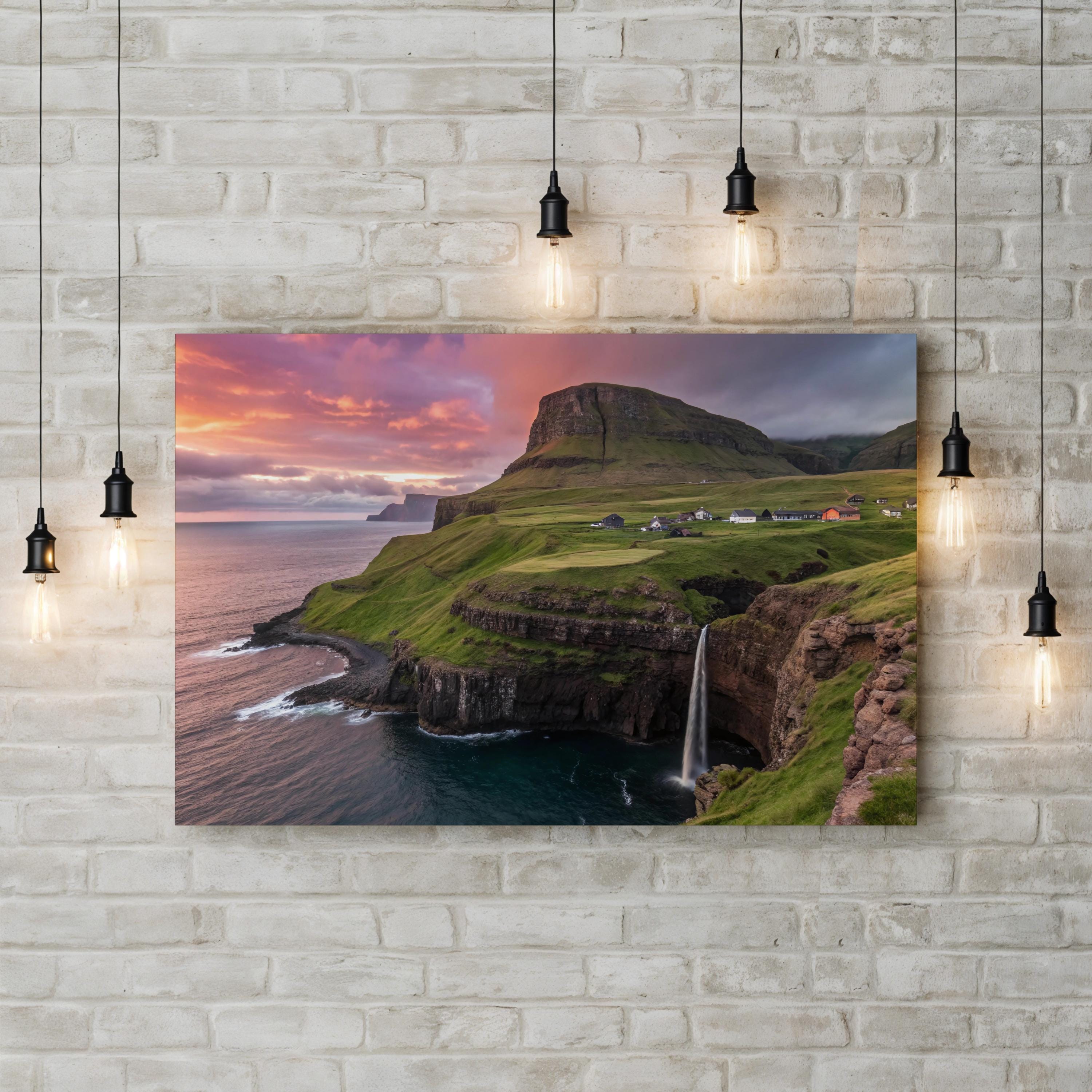 Gasadalur Sunset Iceland – Vintage Photography Wall Art | Mountain Landscape Canvas Print