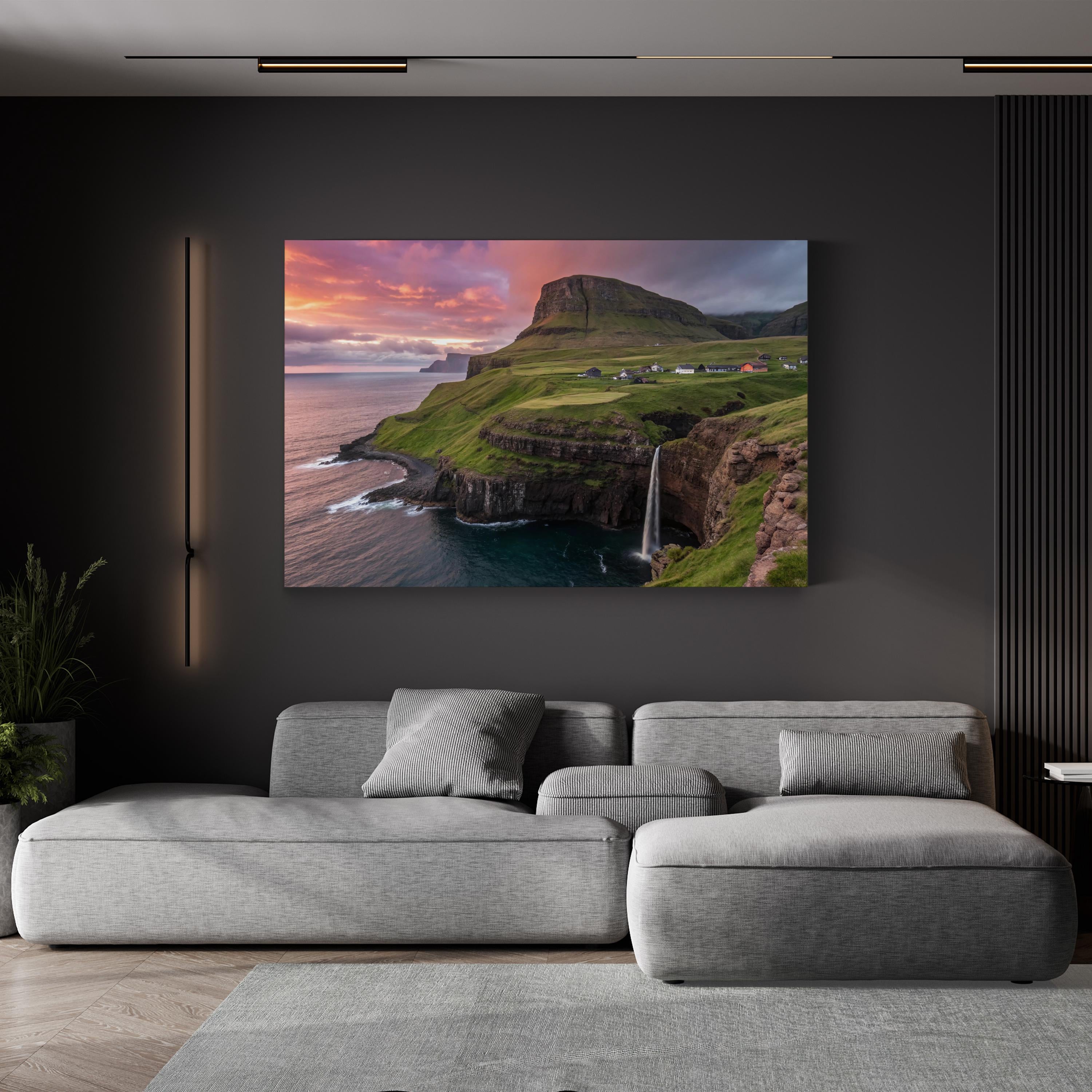 Gasadalur Sunset Iceland – Vintage Photography Wall Art | Mountain Landscape Canvas Print