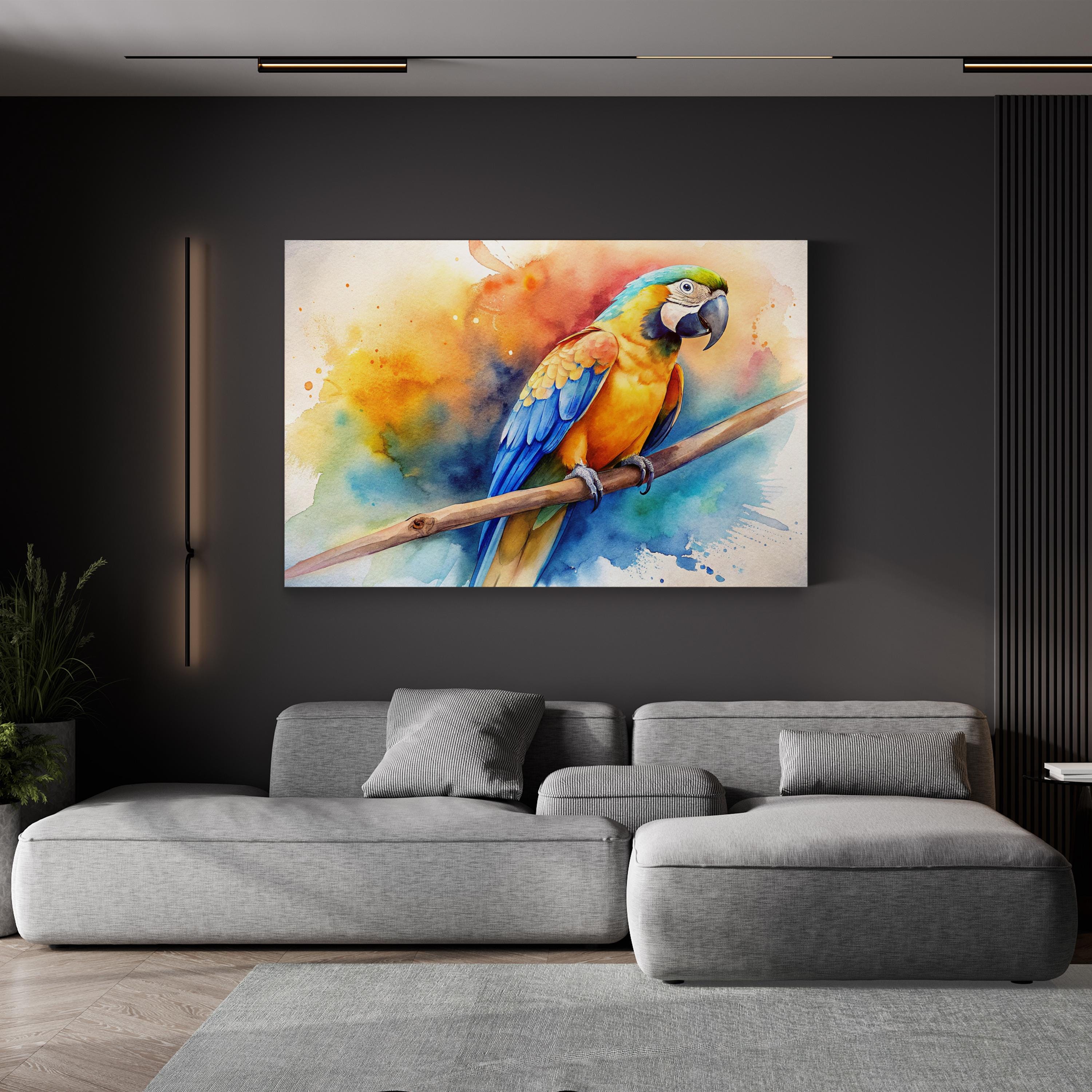 Golden Macaw Watercolor Canvas Print: Framed Parrot Wall Art