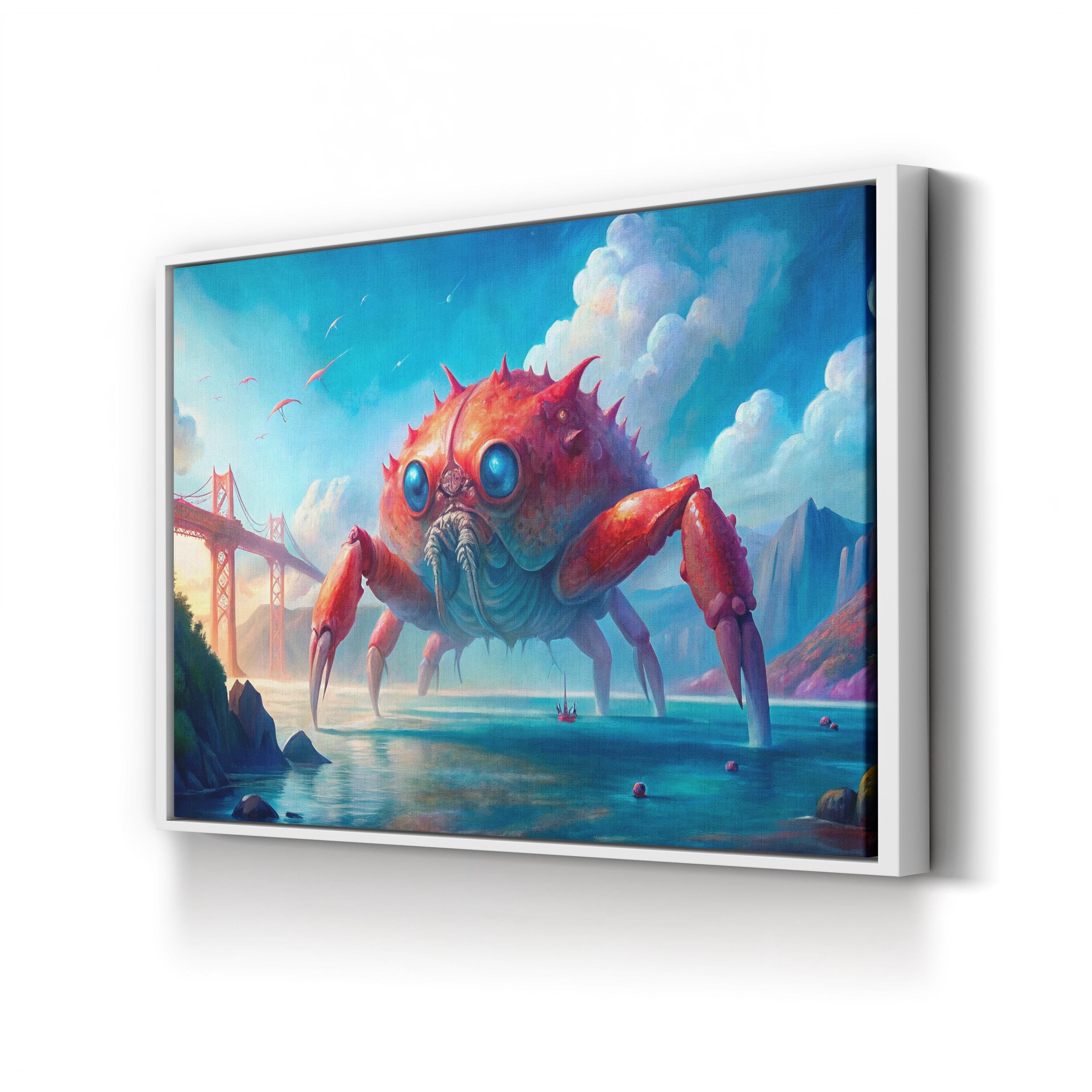 Surreal Golden Gate Giant Crab – Period Illustration Wall Art | Fantasy Canvas Print