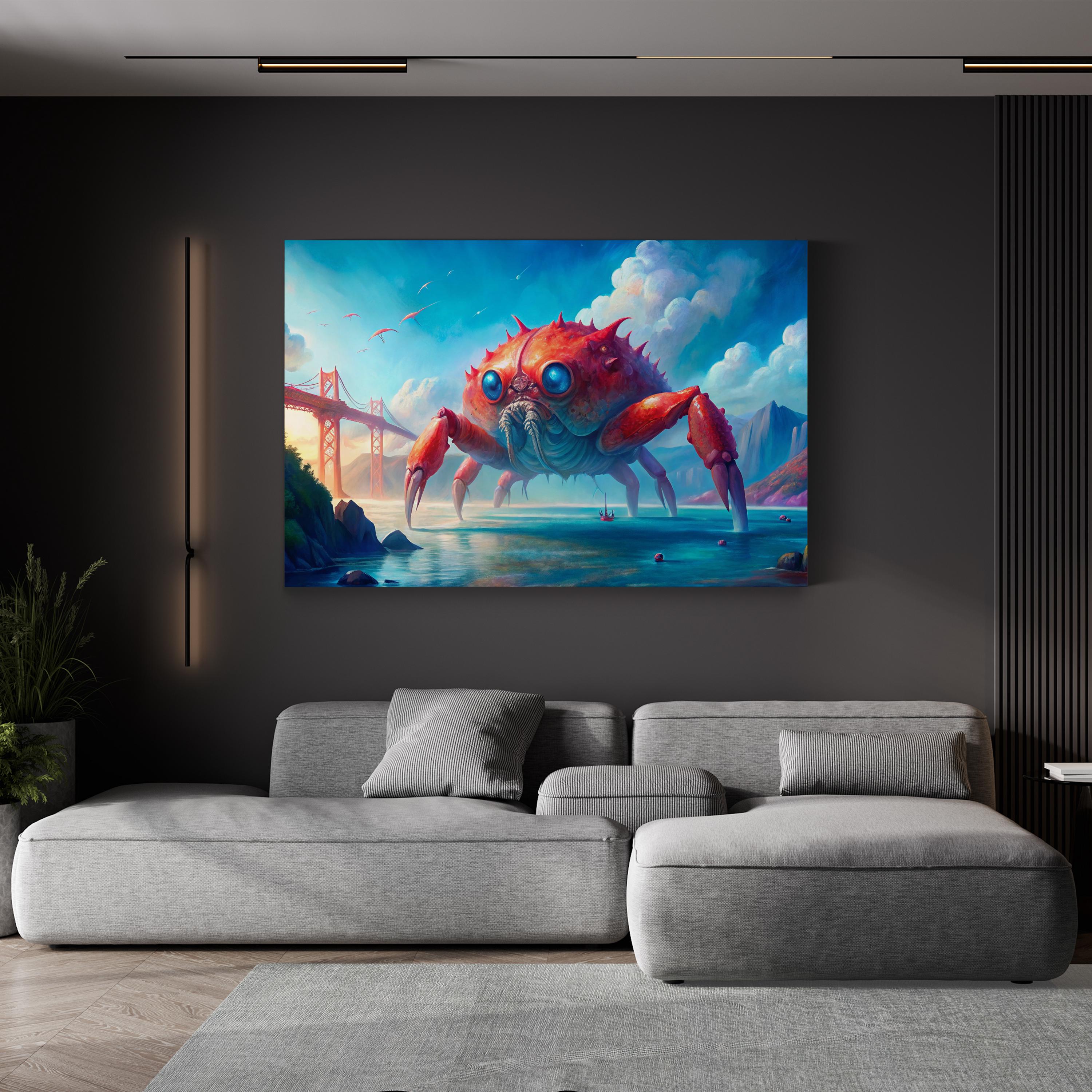 Surreal Golden Gate Giant Crab – Period Illustration Wall Art | Fantasy Canvas Print