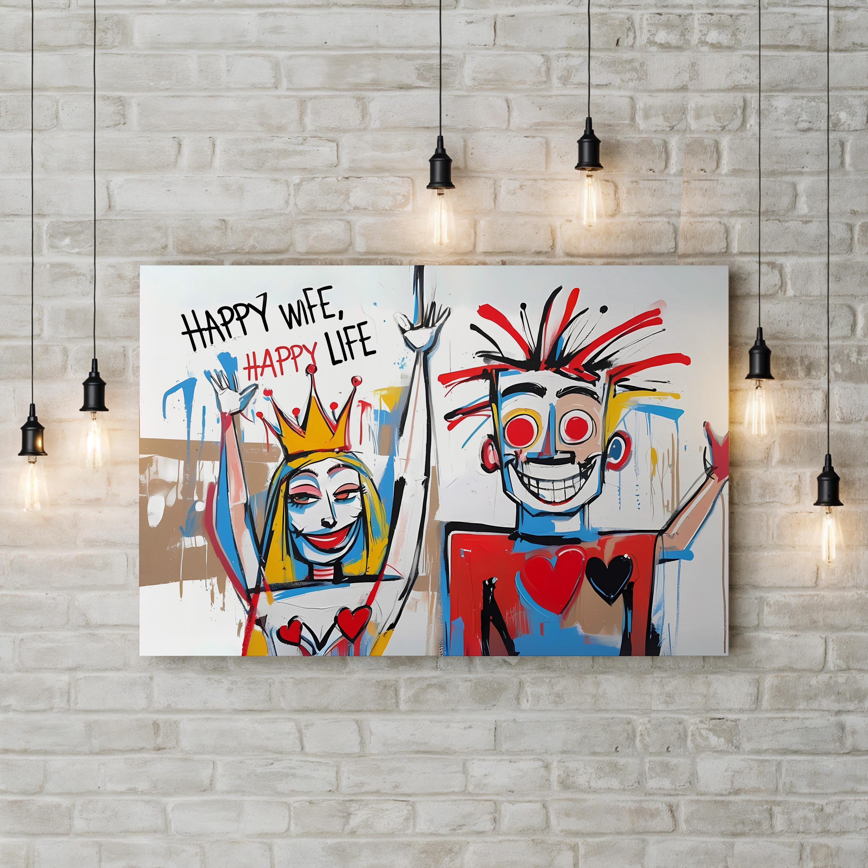 Basquiat Style Happy Wife Happy Life – Period Illustration Wall Art | Pop Art Canvas Print
