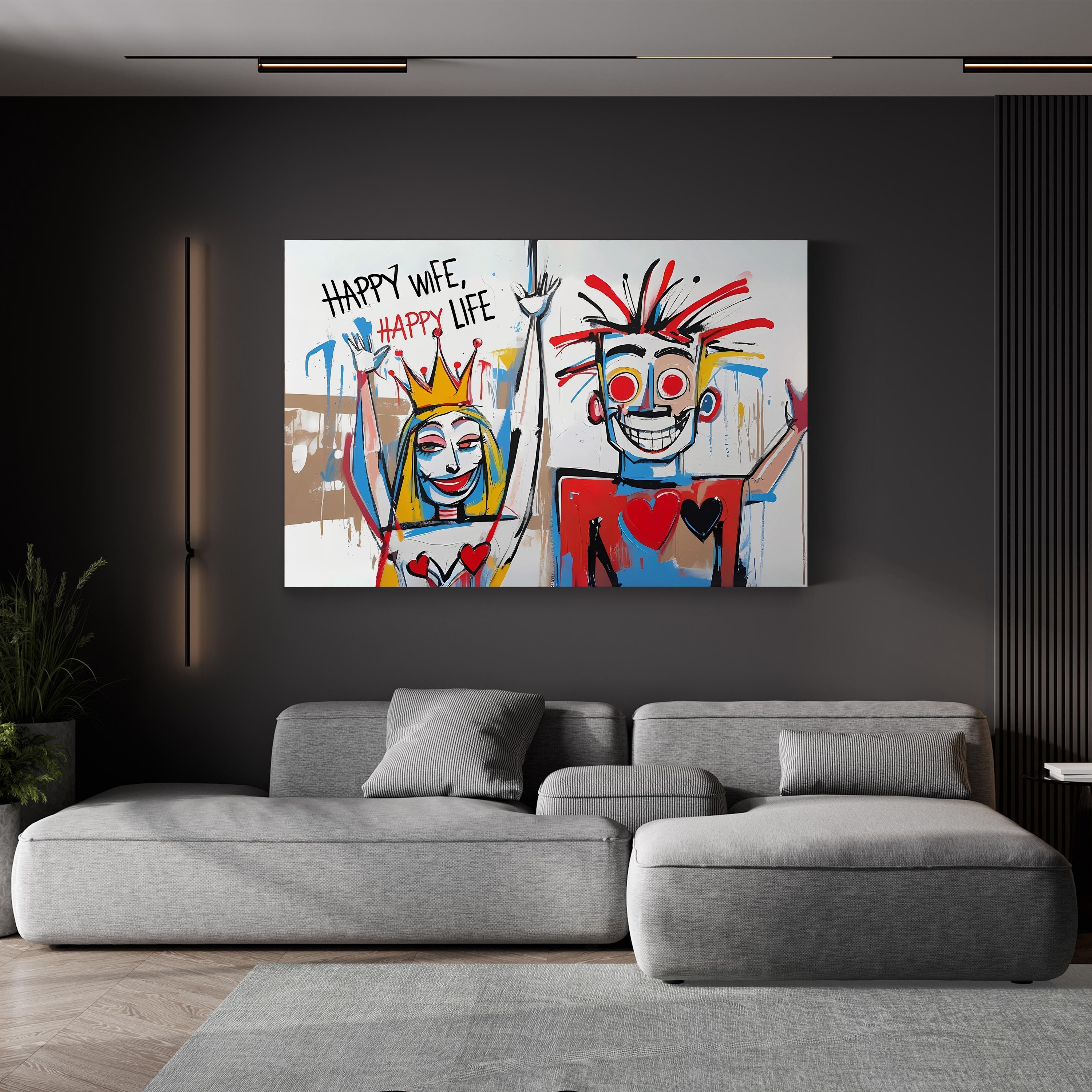 Basquiat Style Happy Wife Happy Life – Period Illustration Wall Art | Pop Art Canvas Print