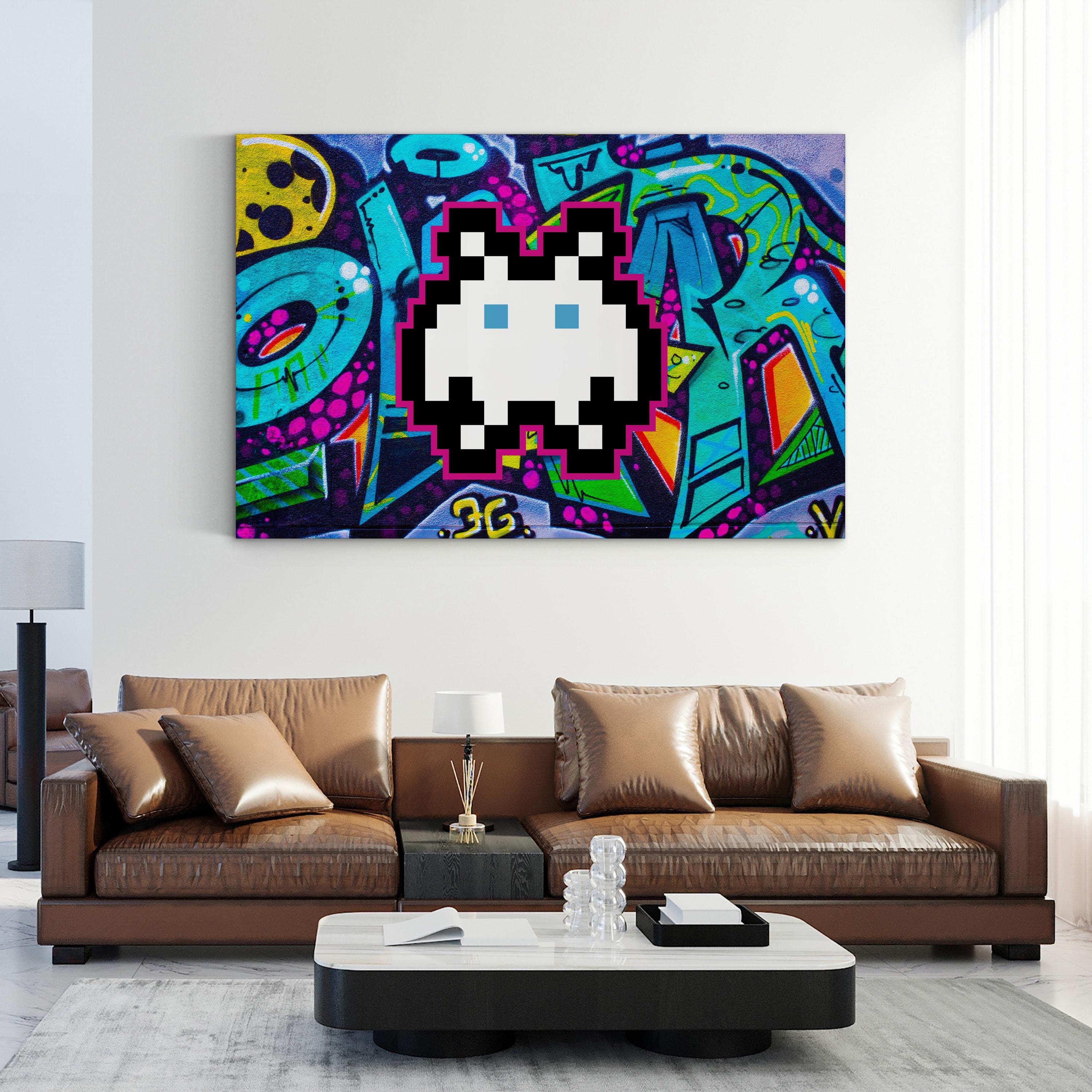 Graffiti Space Invader – Period Illustration Wall Art | Retro Pixel Canvas Print