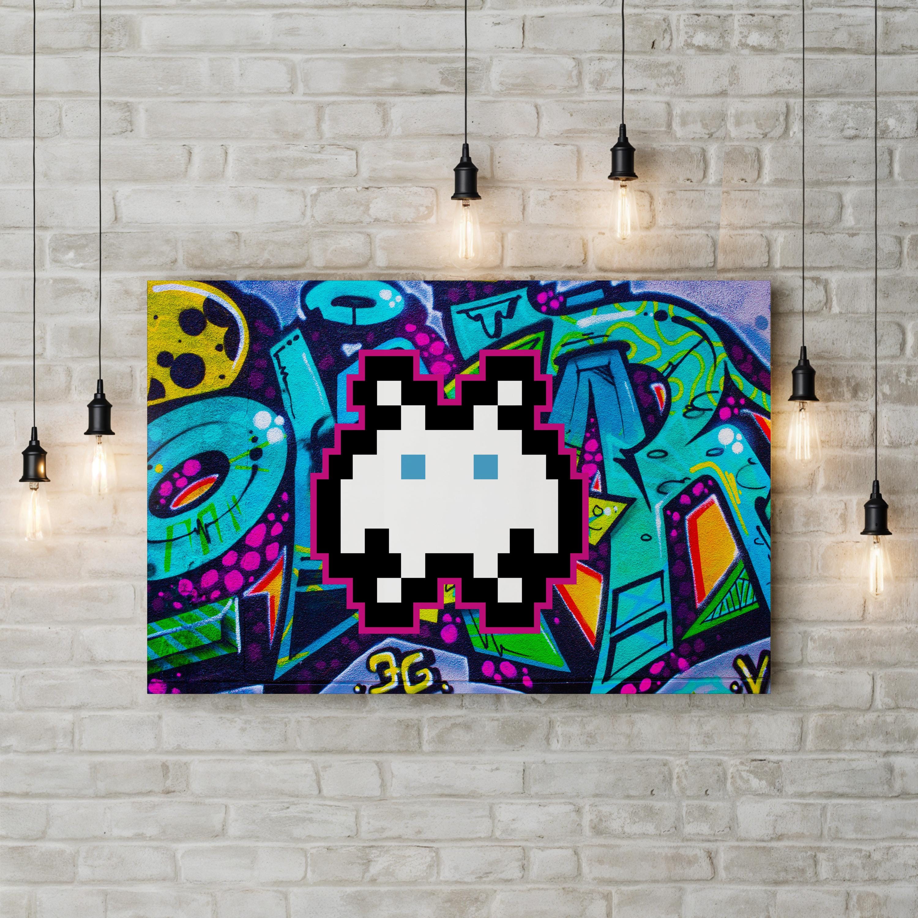 Graffiti Space Invader – Period Illustration Wall Art | Retro Pixel Canvas Print