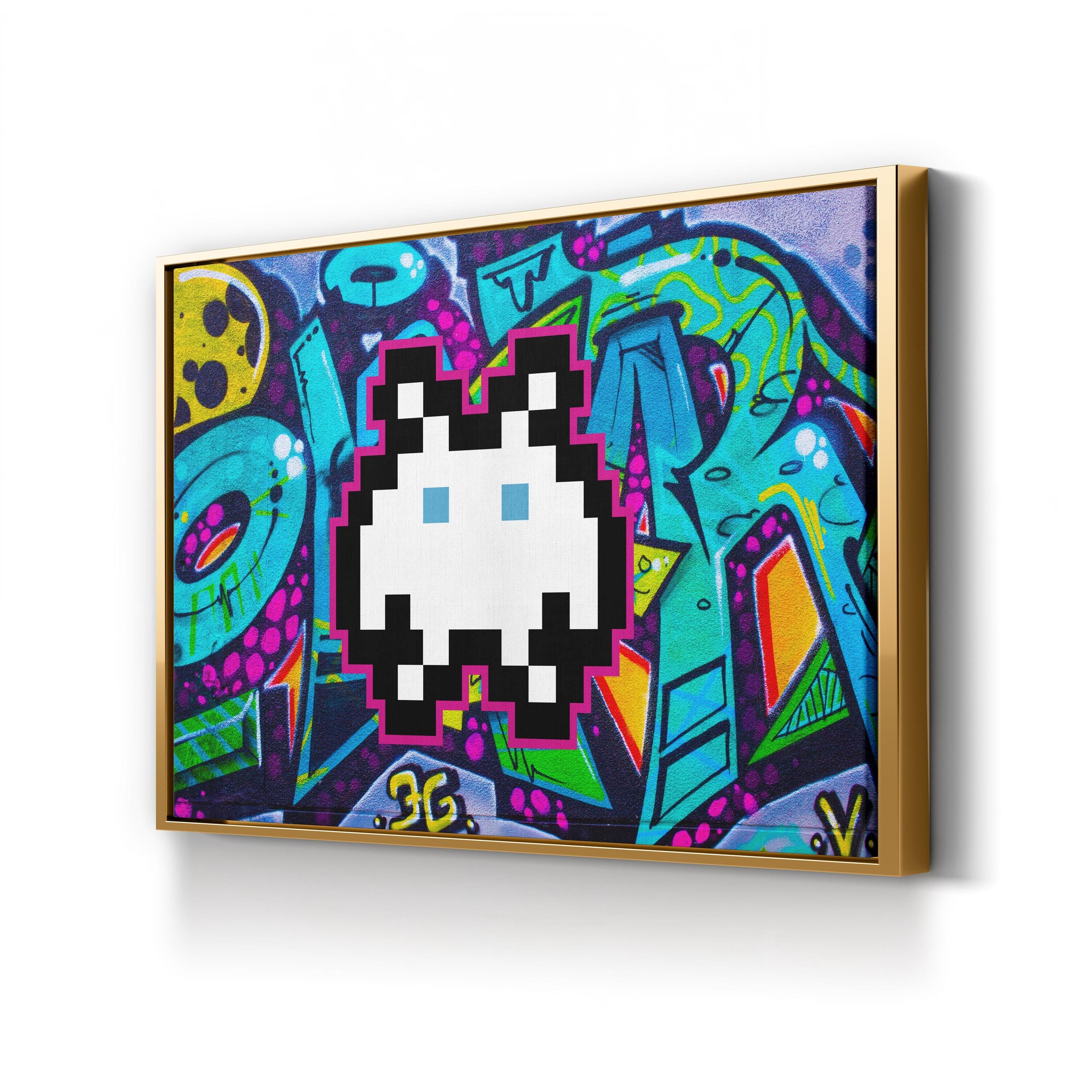 Graffiti Space Invader – Period Illustration Wall Art | Retro Pixel Canvas Print
