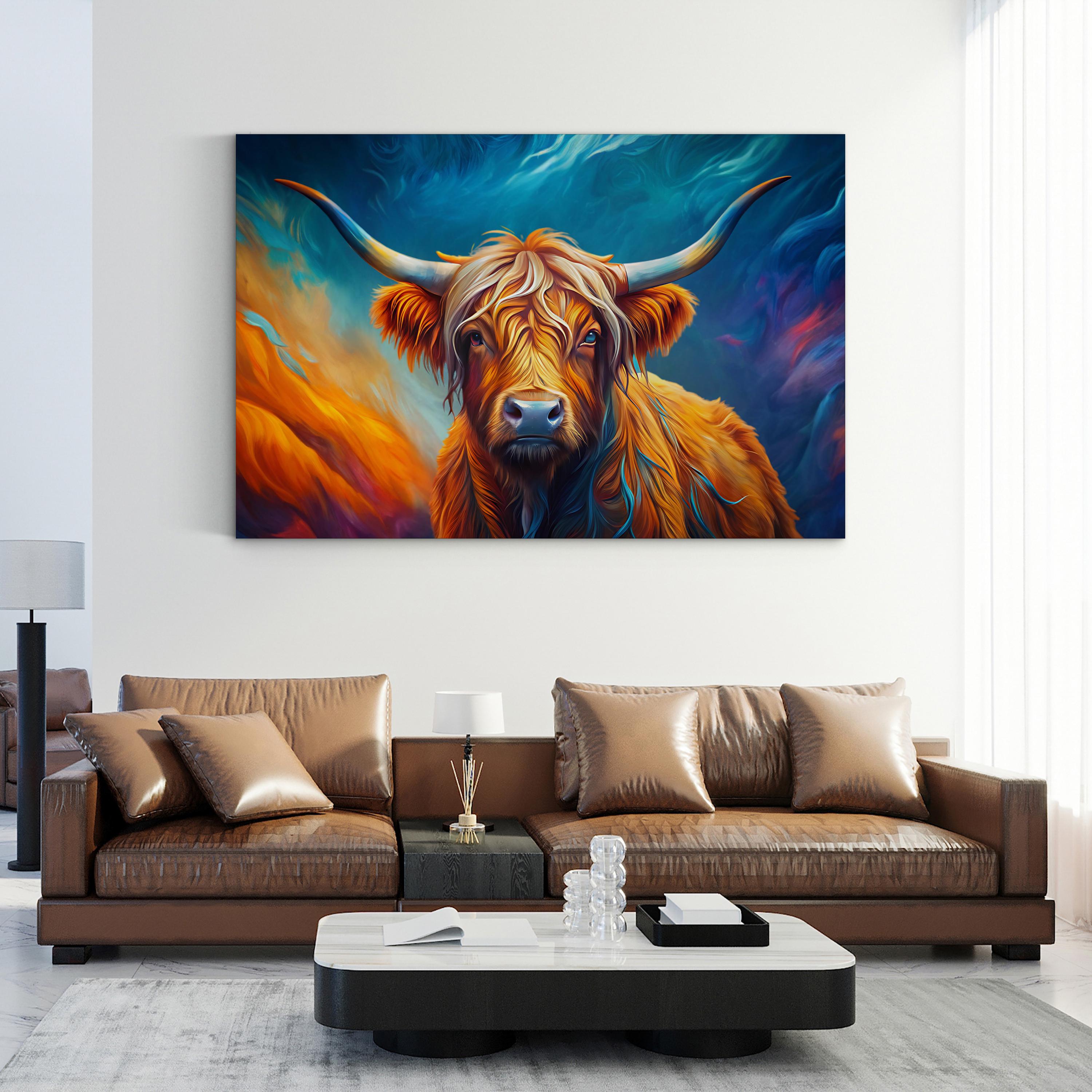 Highland Cow Canvas – Abstract Orange Wildlife Art