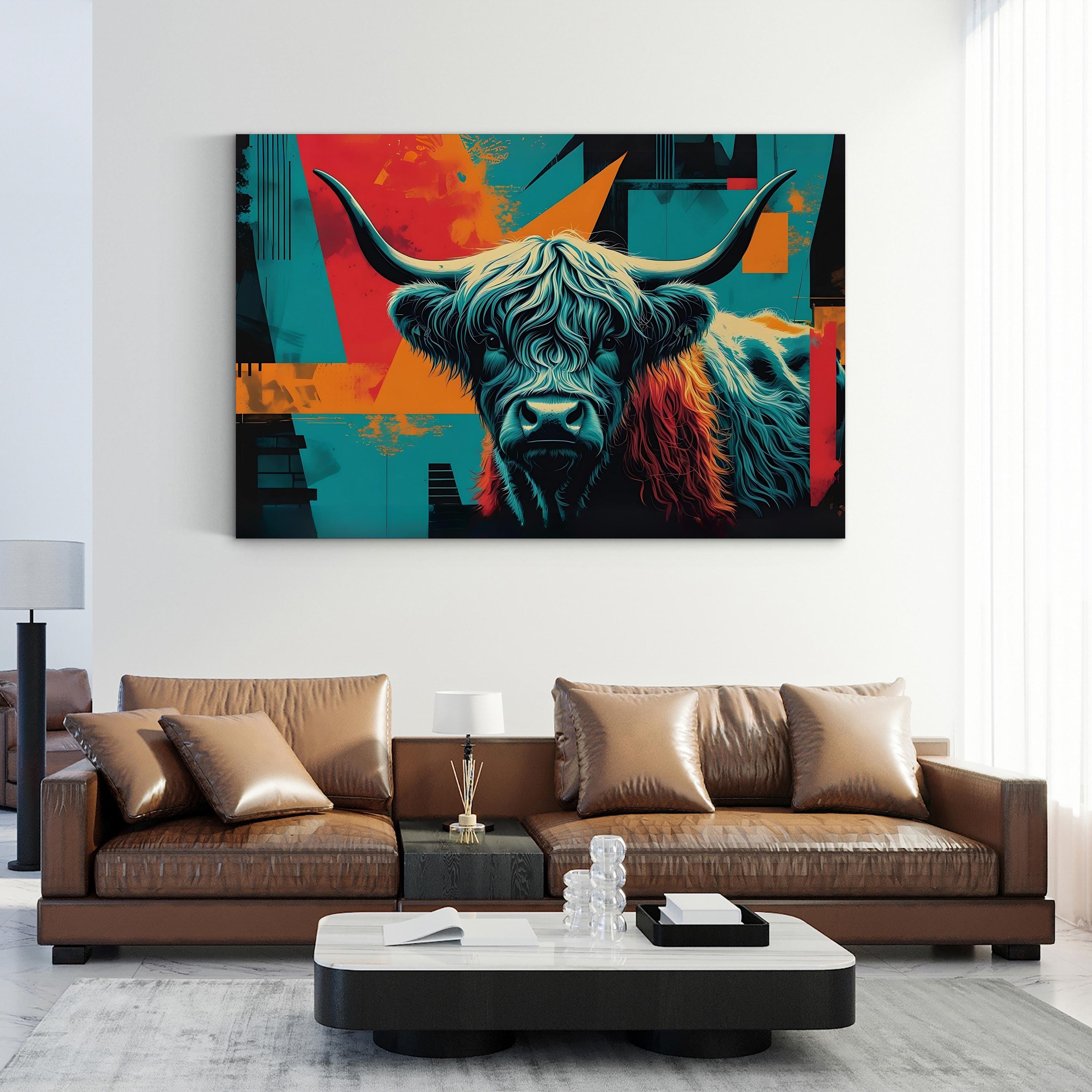 Highland Cow – Period Illustration Wall Art | Rustic Teal & Orange Canvas Print