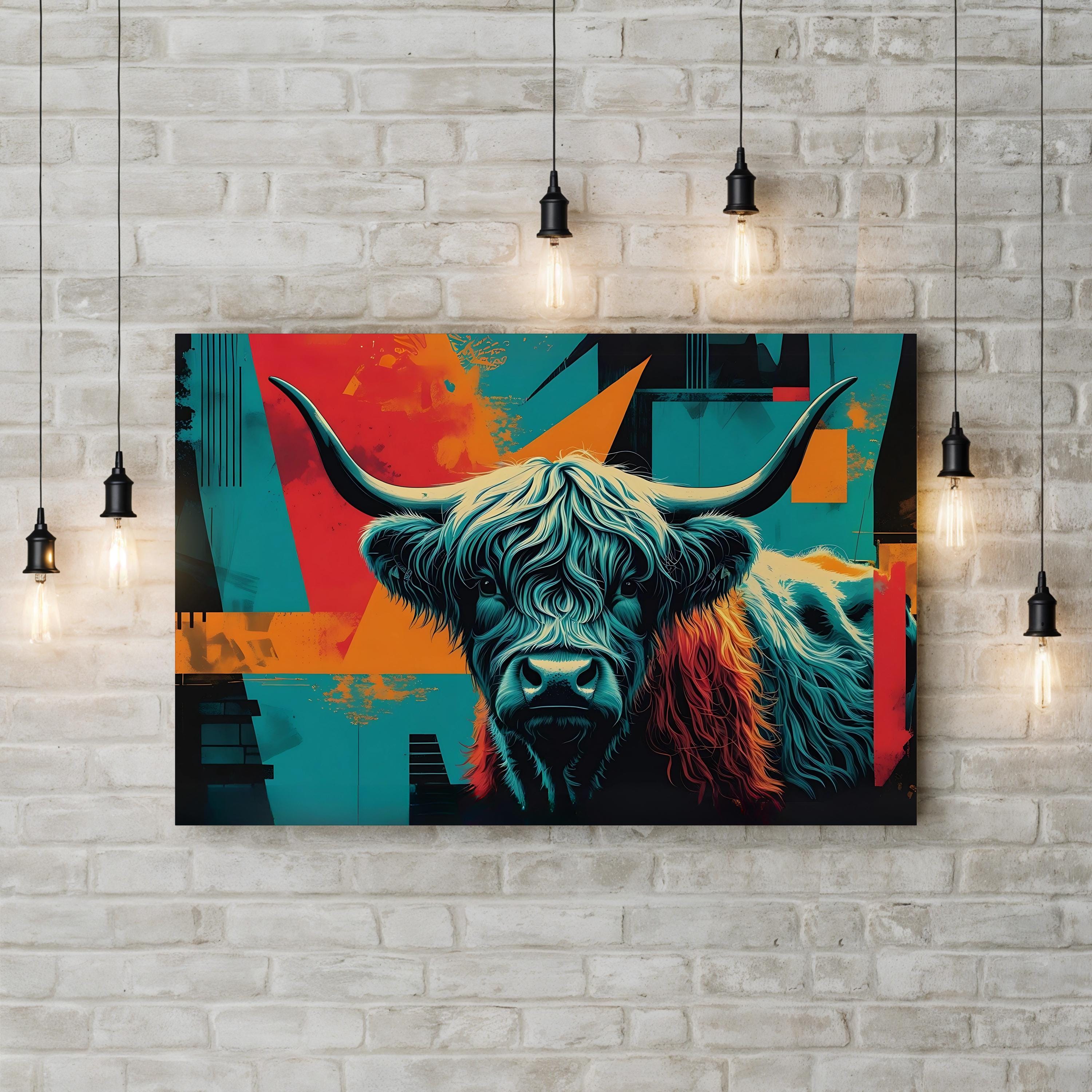 Highland Cow – Period Illustration Wall Art | Rustic Teal & Orange Canvas Print