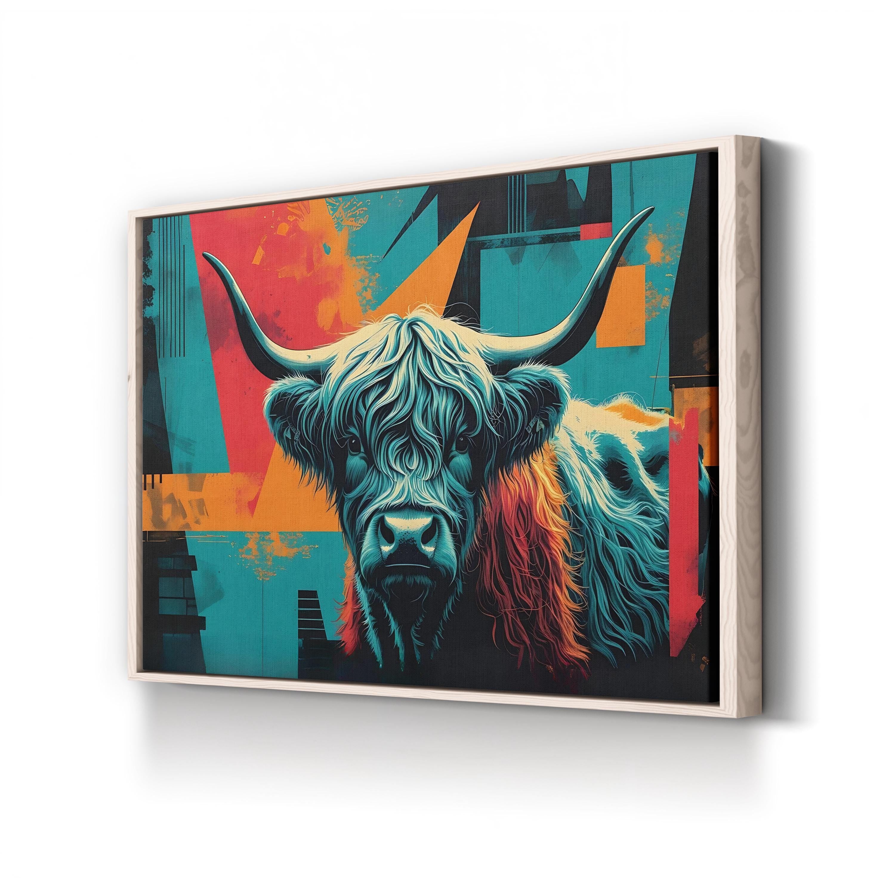Highland Cow – Period Illustration Wall Art | Rustic Teal & Orange Canvas Print
