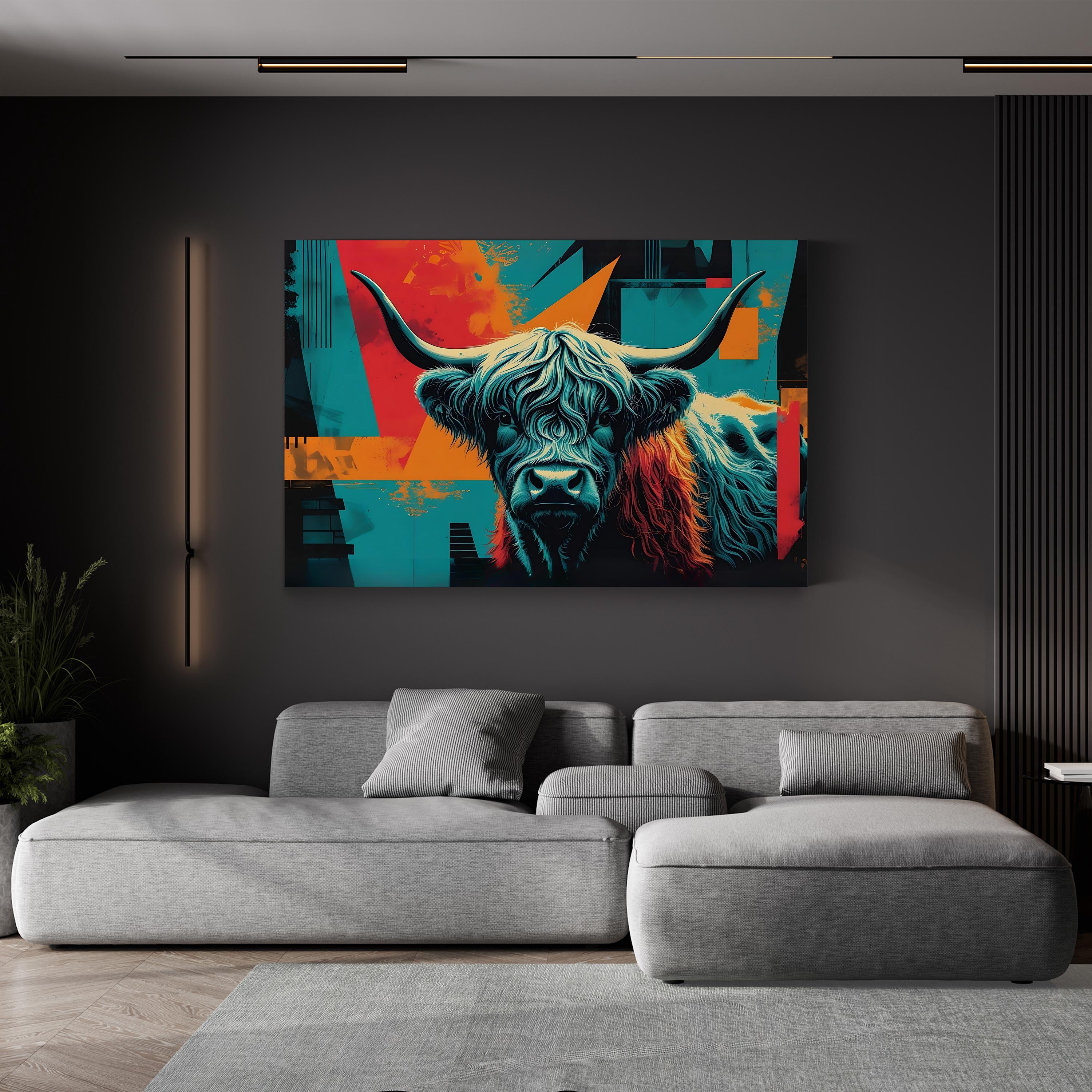 Highland Cow – Period Illustration Wall Art | Rustic Teal & Orange Canvas Print