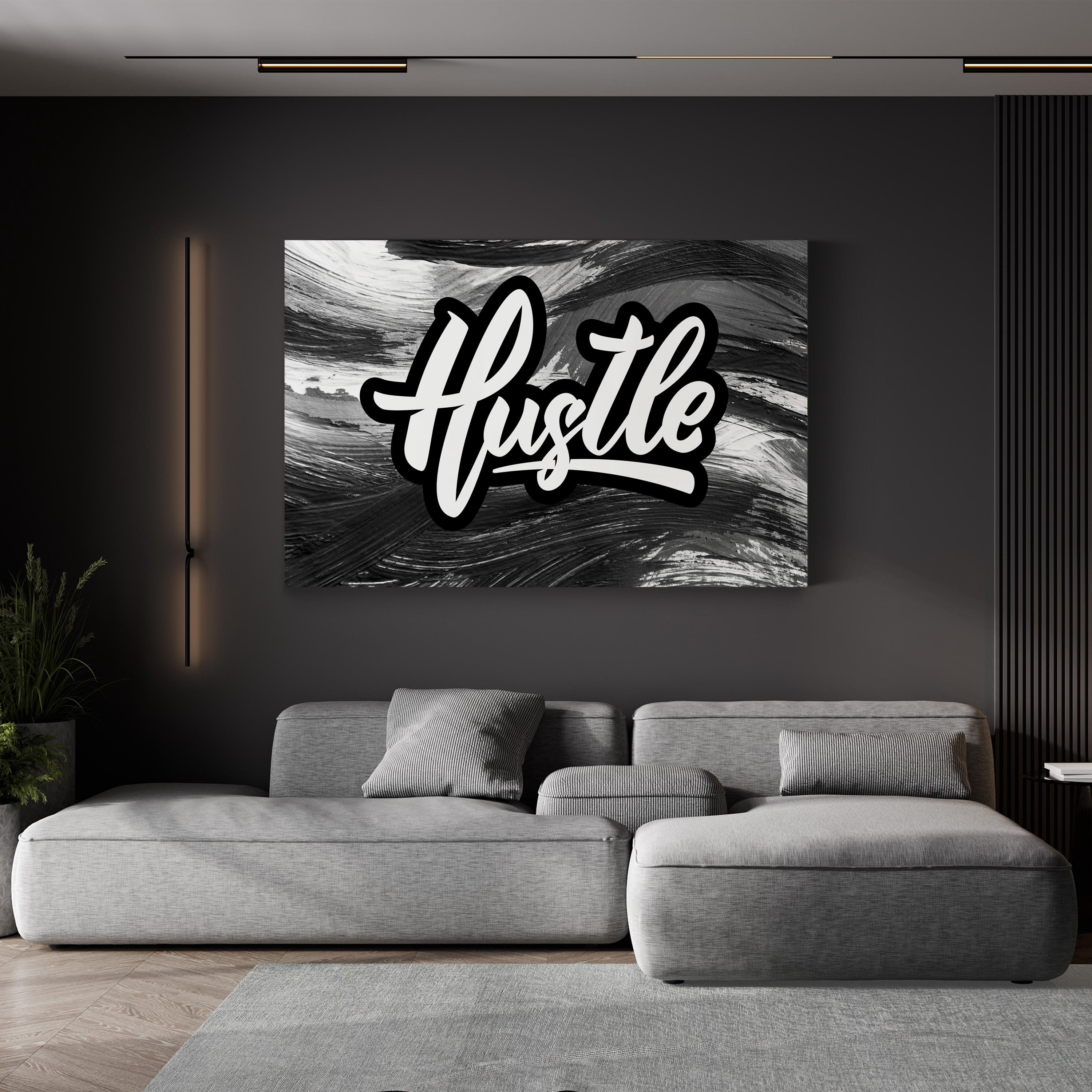Hustle Calligraphy Canvas Print: Black and White Motivational Wall Art
