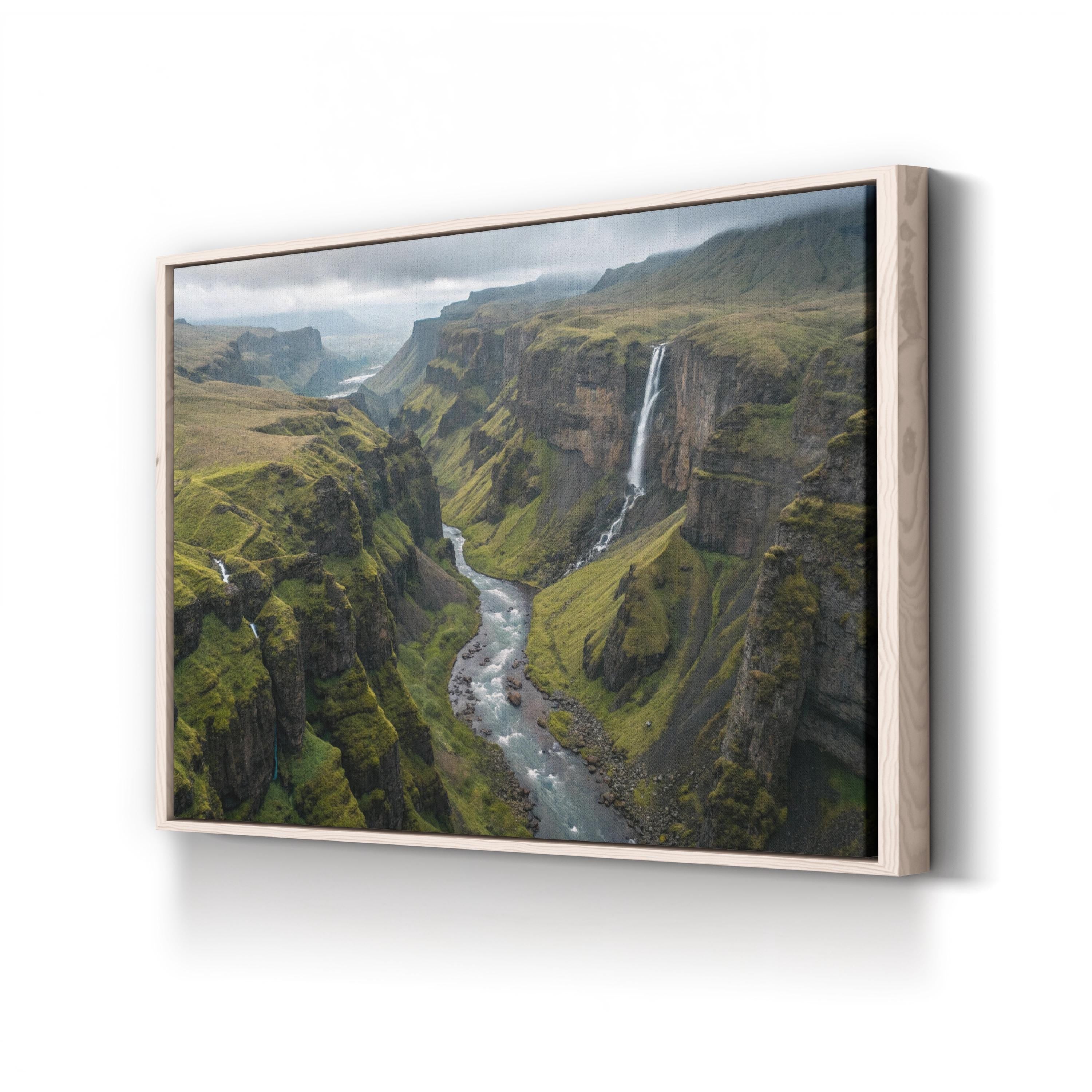 Iceland Green Canyon Waterfall – Vintage Photography Wall Art | Majestic Landscape Canvas Print