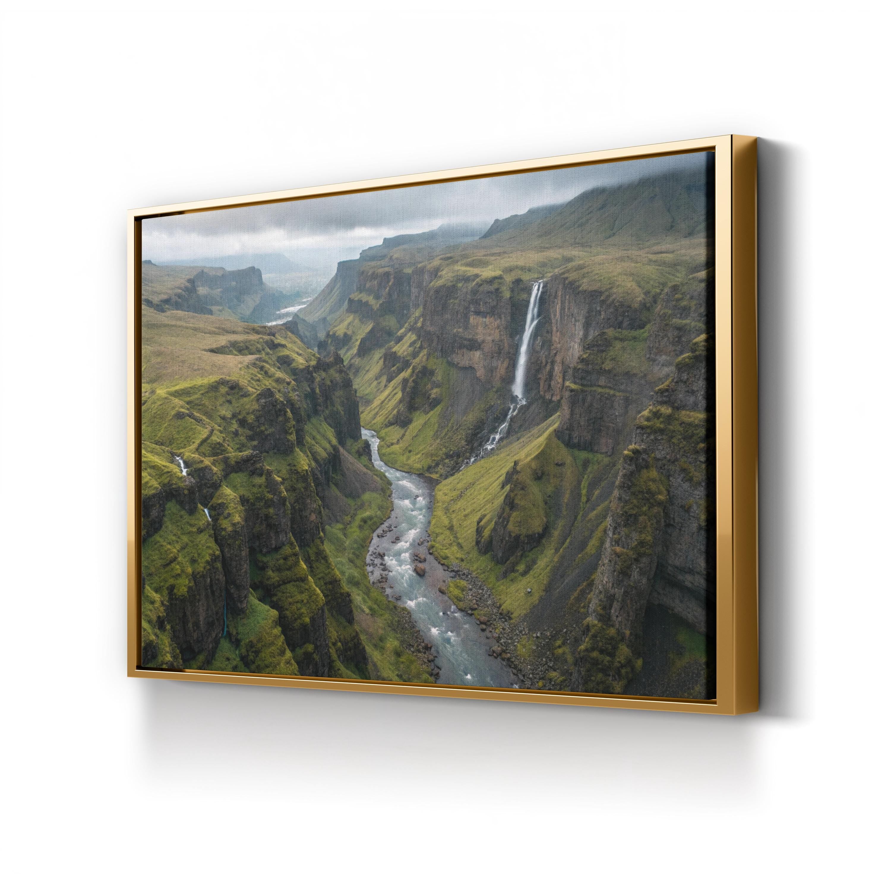 Iceland Green Canyon Waterfall – Vintage Photography Wall Art | Majestic Landscape Canvas Print