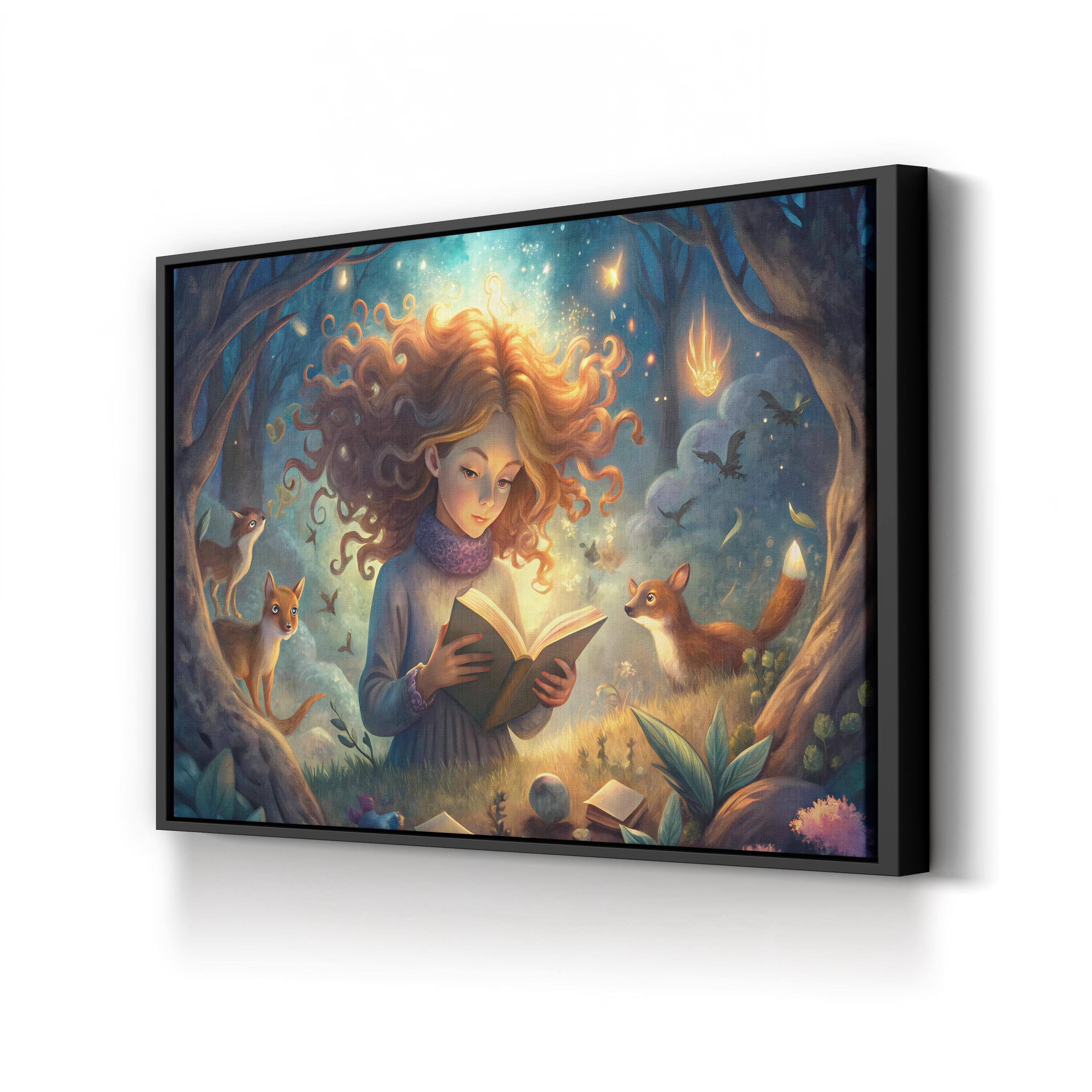 Girl Reading with Forest Creatures – Period Illustration Wall Art | Fantasy Canvas Print