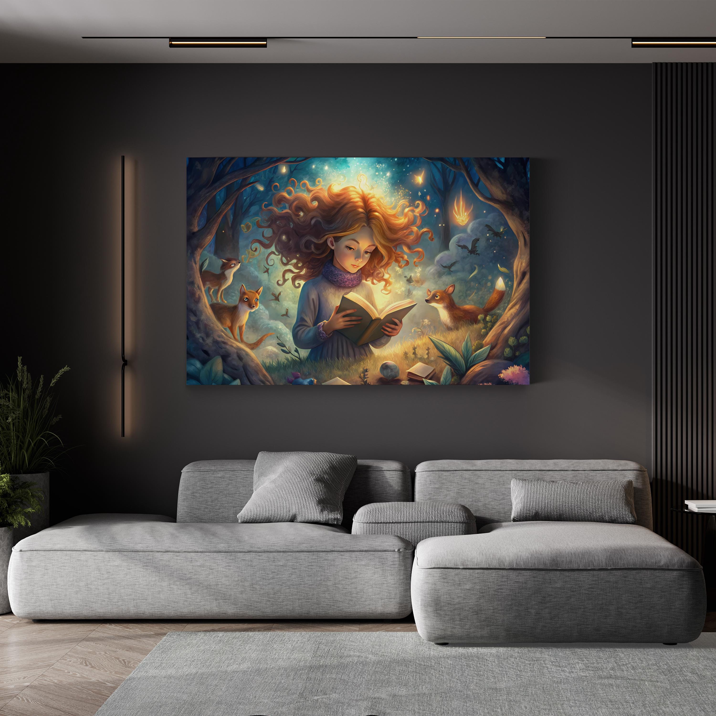 Girl Reading with Forest Creatures – Period Illustration Wall Art | Fantasy Canvas Print