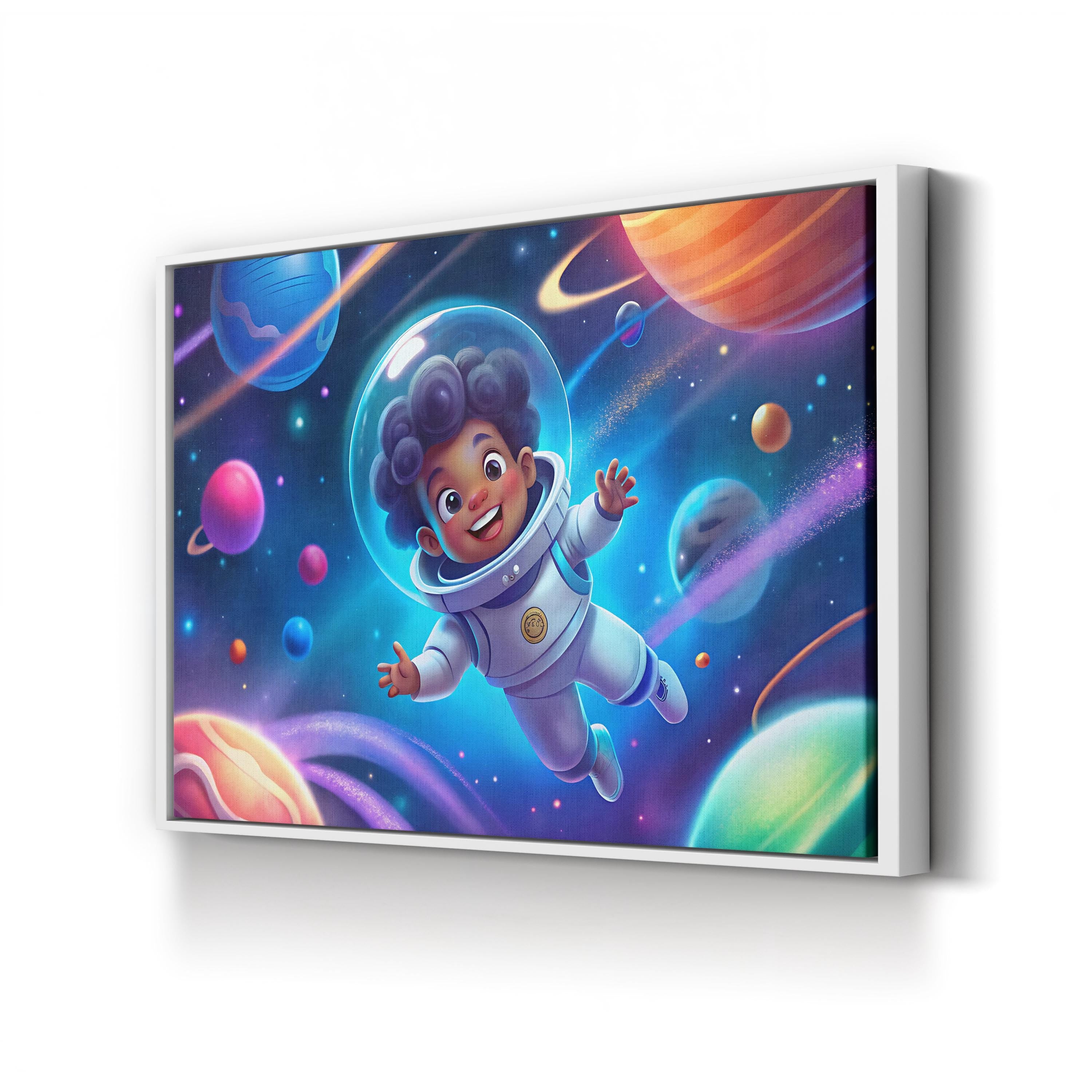 Astronaut Child Among Planets – Period Illustration Wall Art | Colorful Space Canvas Print