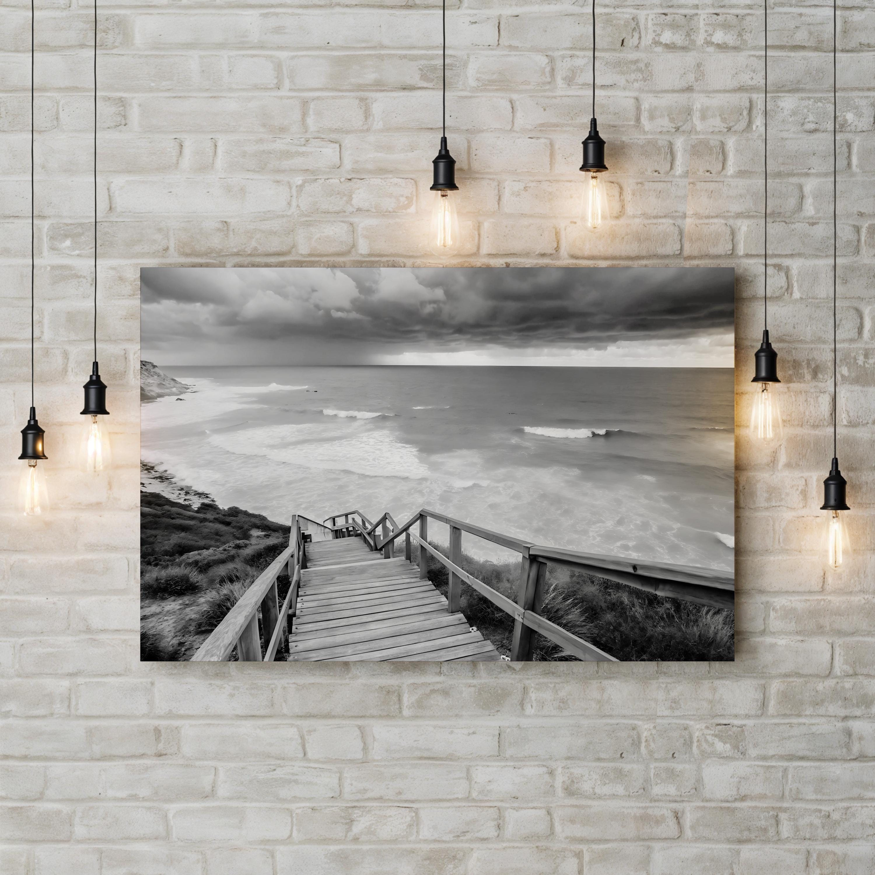 Black and White Beach Canvas Art — Coastal Ocean Photography