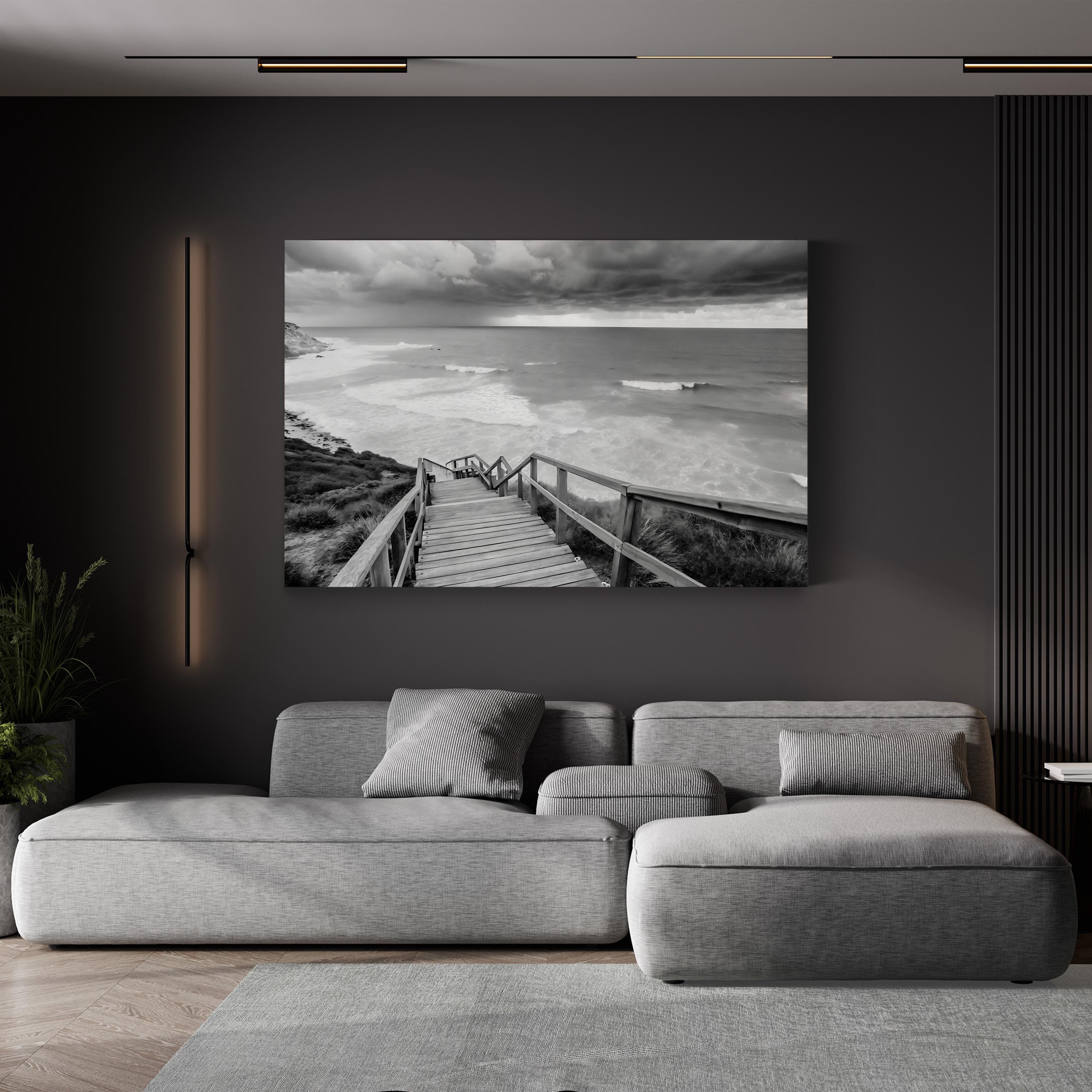 Black and White Beach Canvas Art — Coastal Ocean Photography