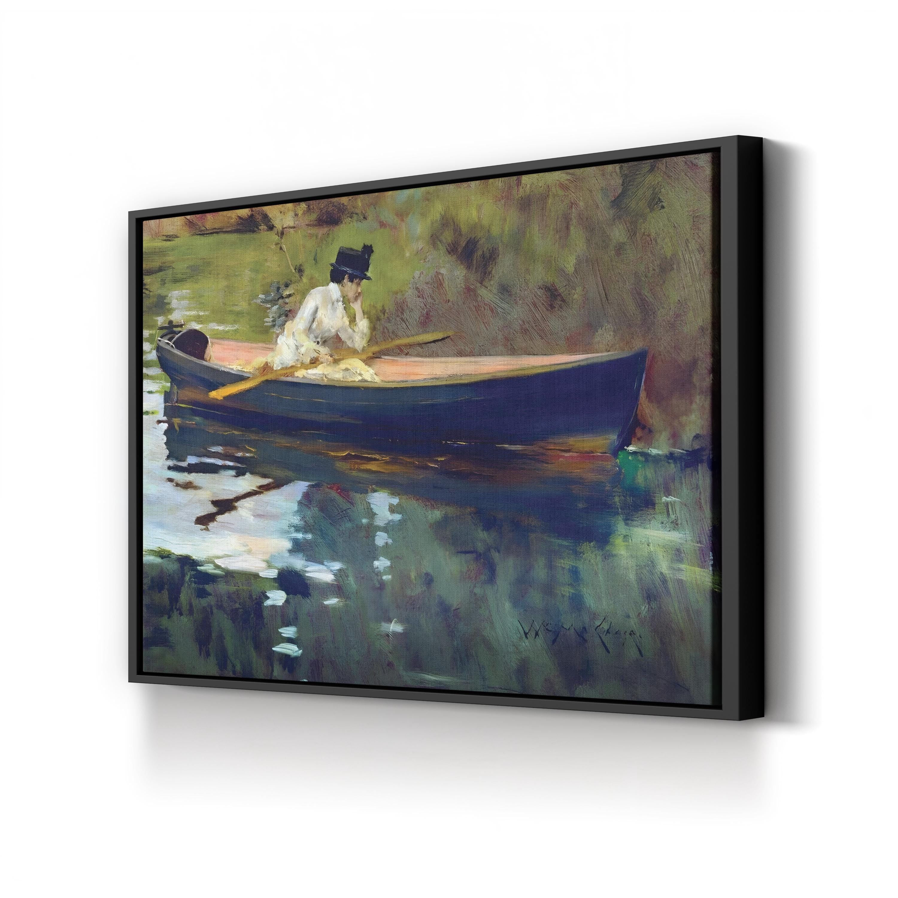 Framed painting of a woman in a blue rowboat on a reflective water surface.
