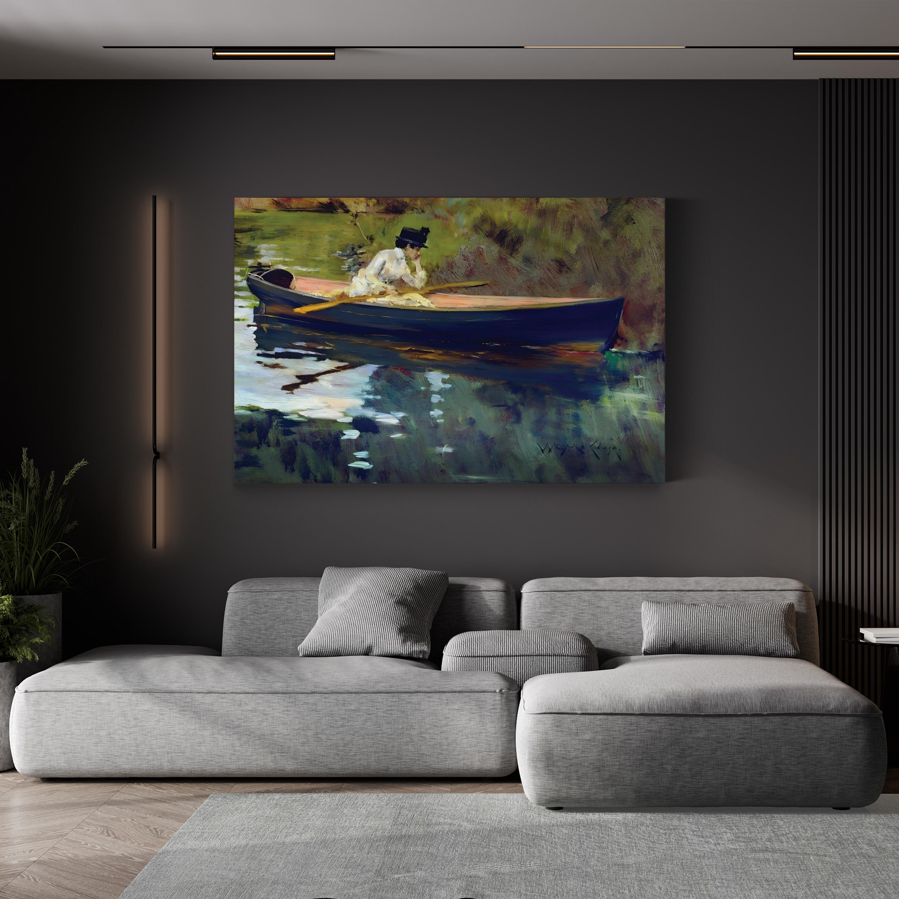 Living room with a gray sofa and a painting of a woman in a boat on a dark wall.