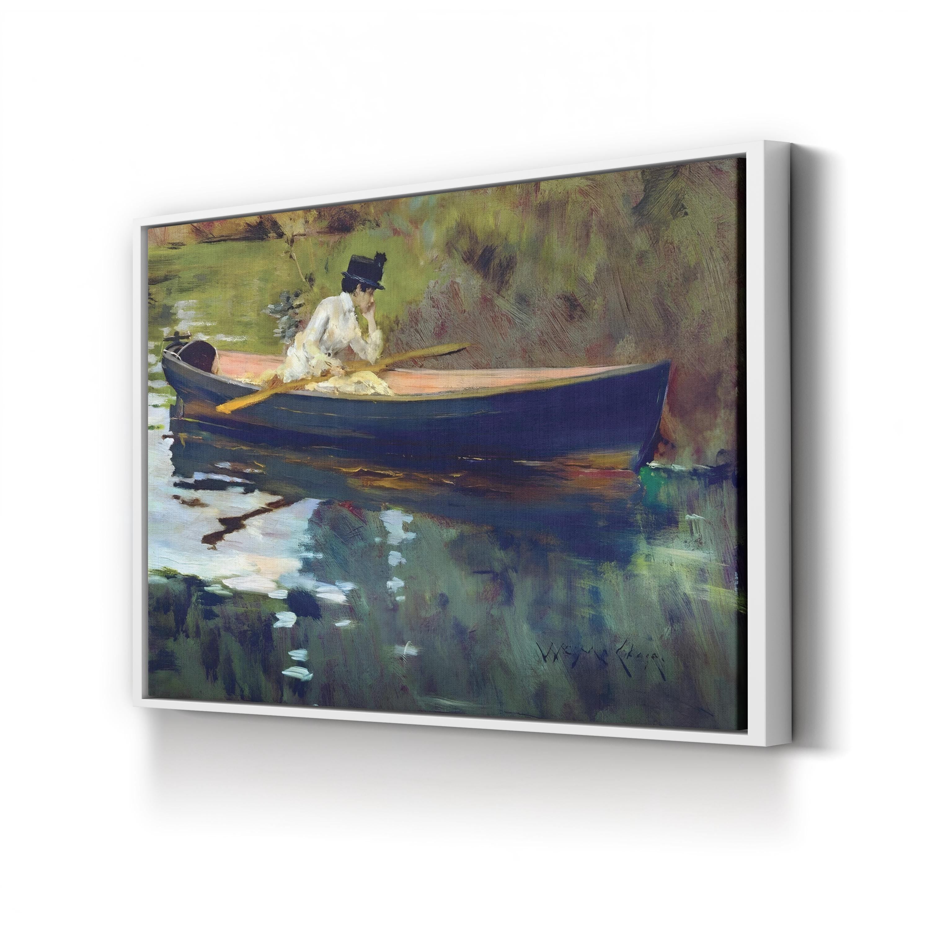 Framed painting of a woman in a blue rowboat on a lake