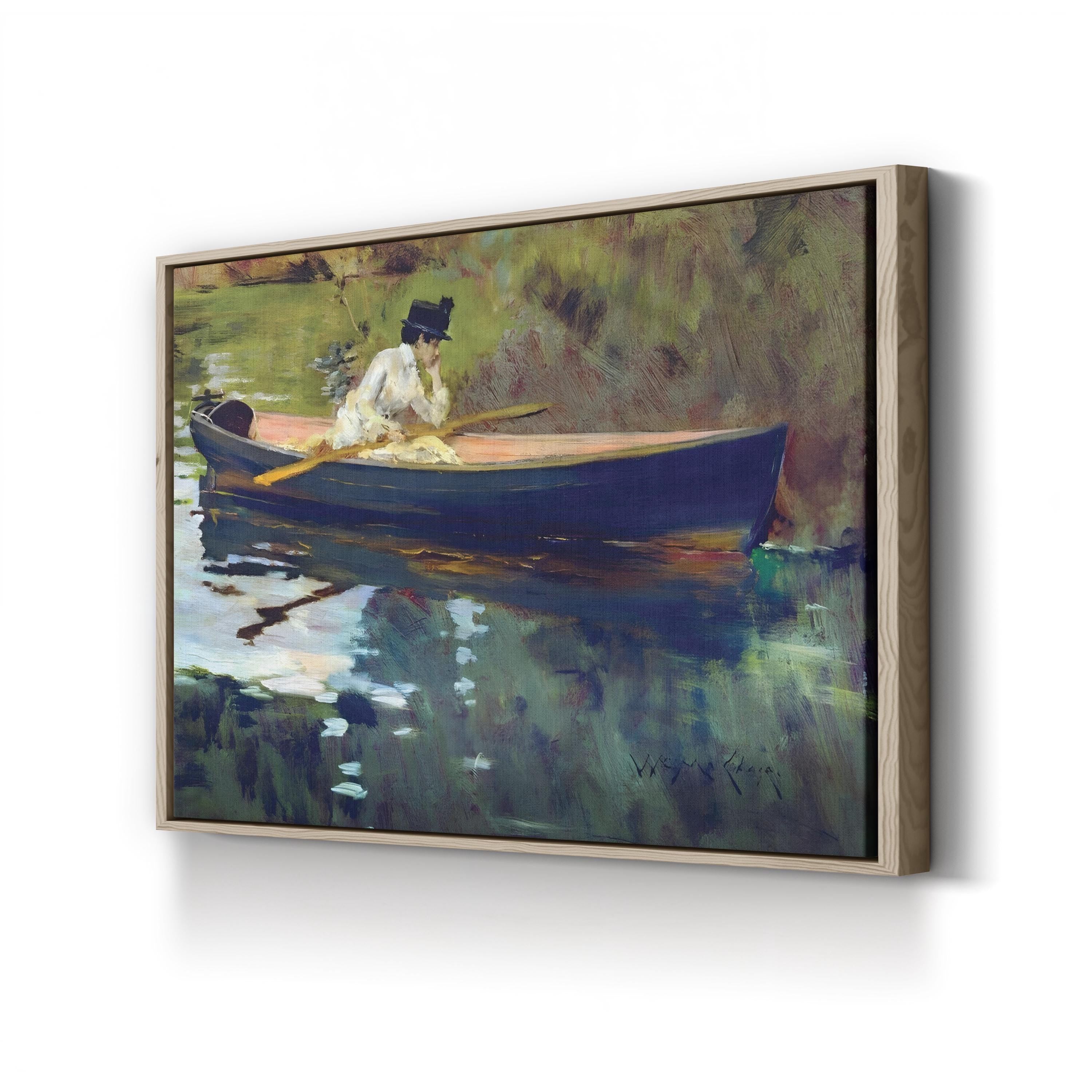 Framed painting of a woman in a blue rowboat on a white wall