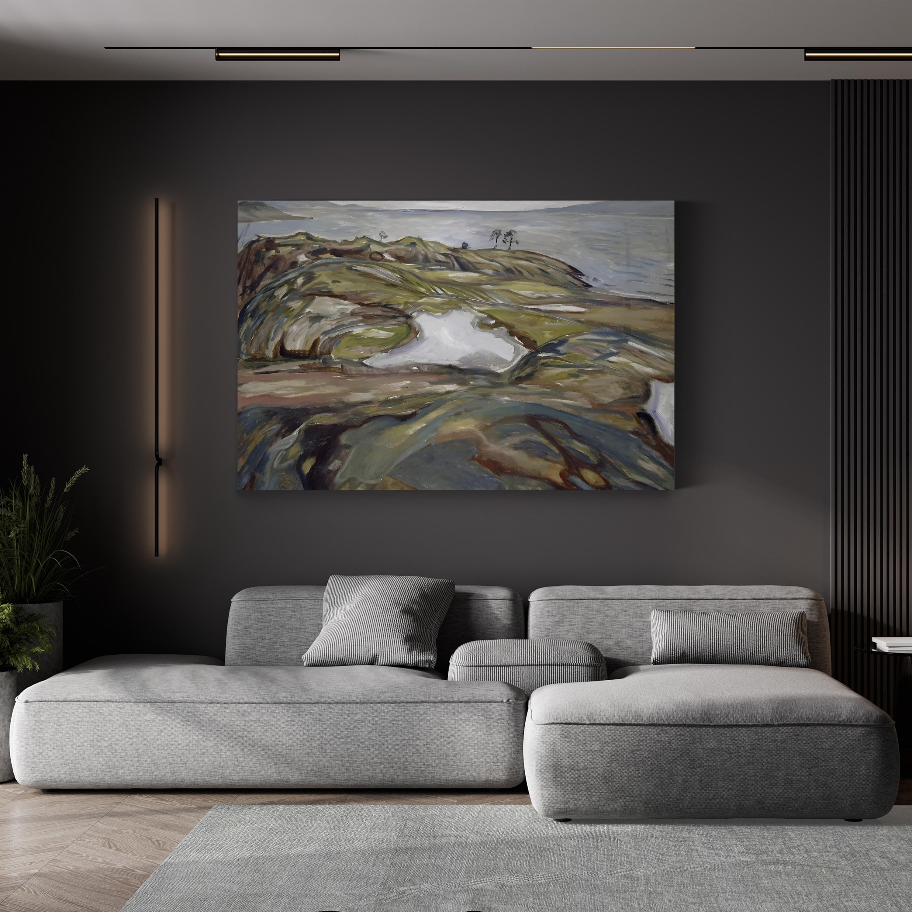 Coastal Landscape by Edvard Munch canvas print in Black frame displayed in a modern living room