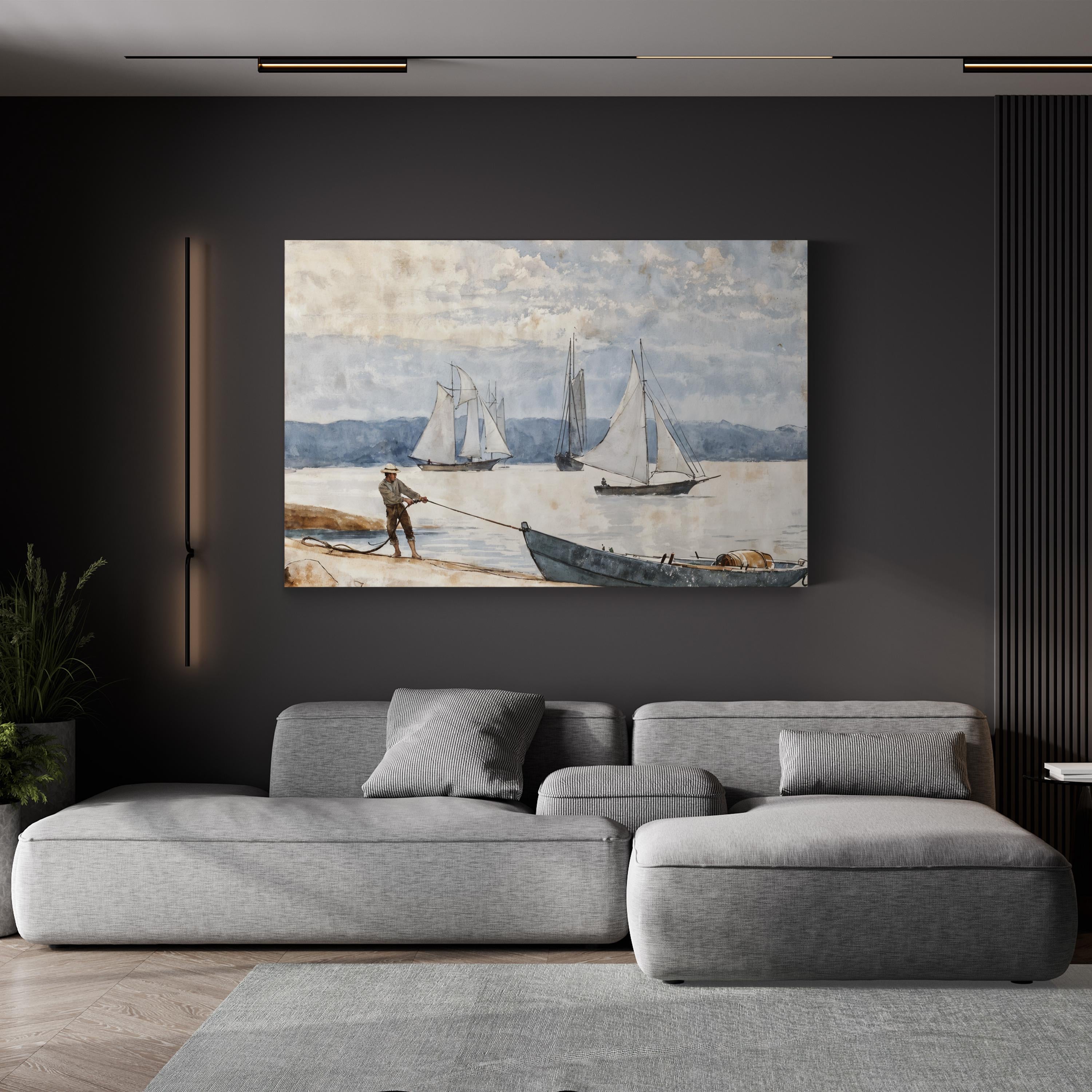 Pulling the Dory, 1880 Wall Art by Winslow Homer – Classic Nautical Coastal Canvas