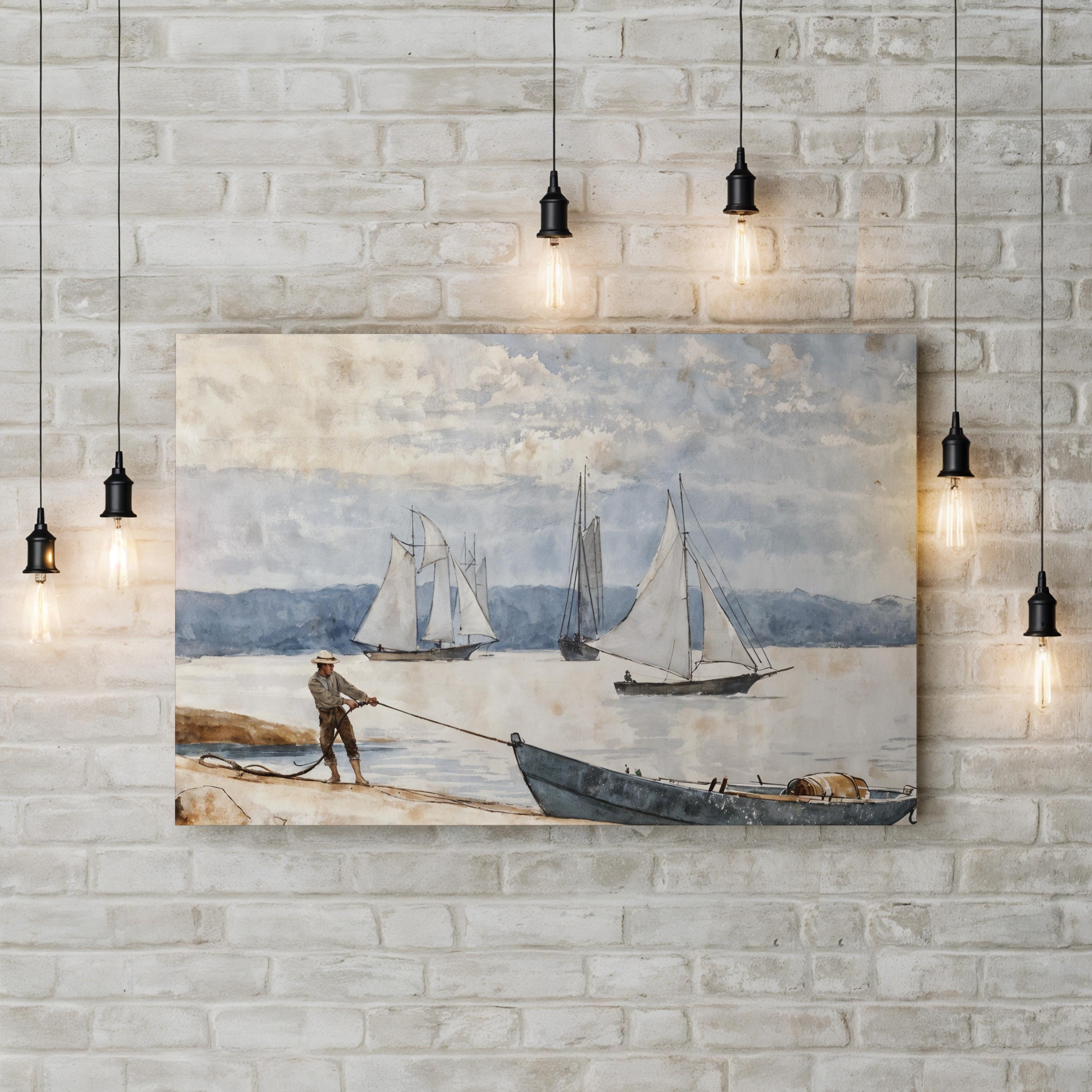 Pulling the Dory, 1880 Wall Art by Winslow Homer – Classic Nautical Coastal Canvas