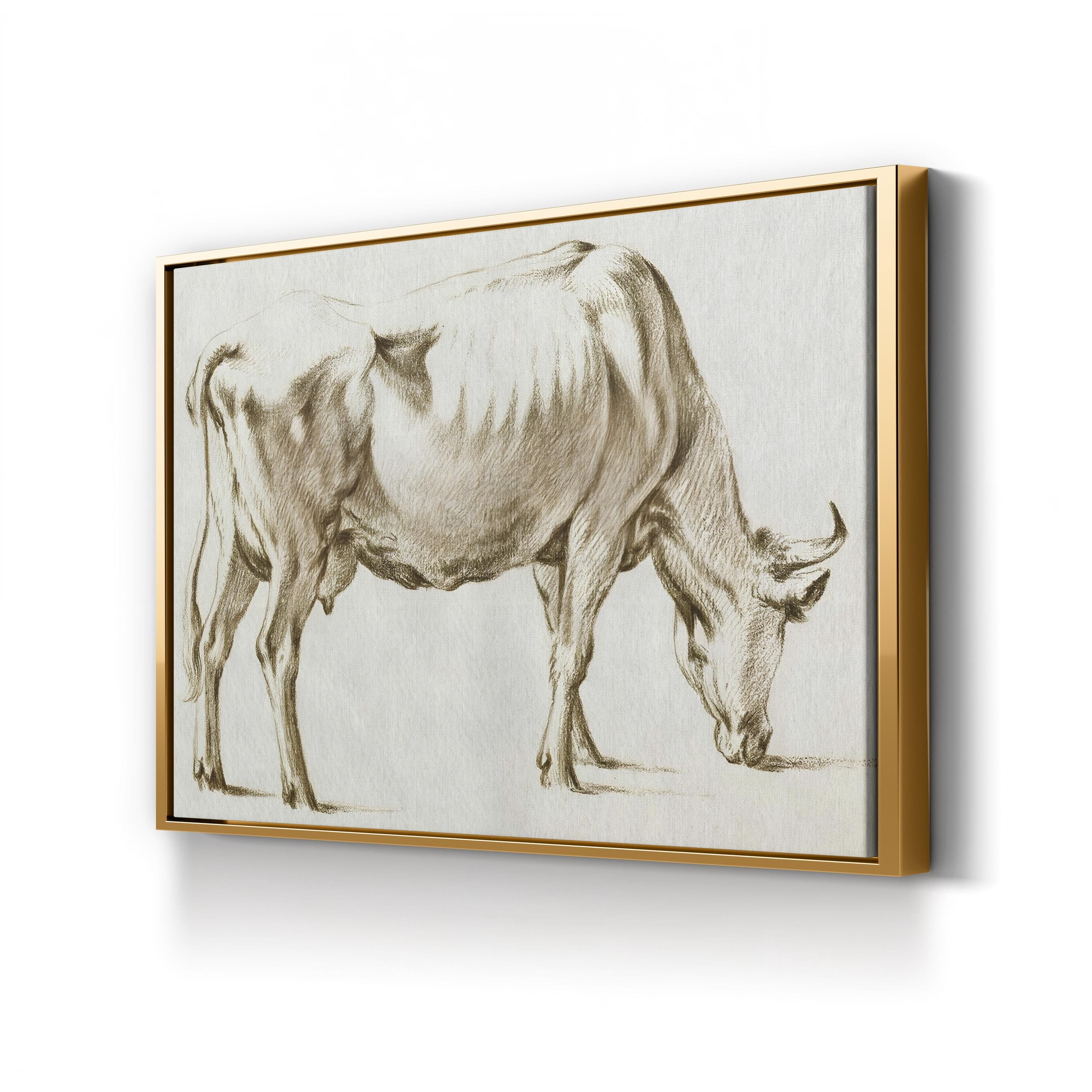 Sepia Grazing Cow Sketch I by Jean Bernard canvas print in Gold frame