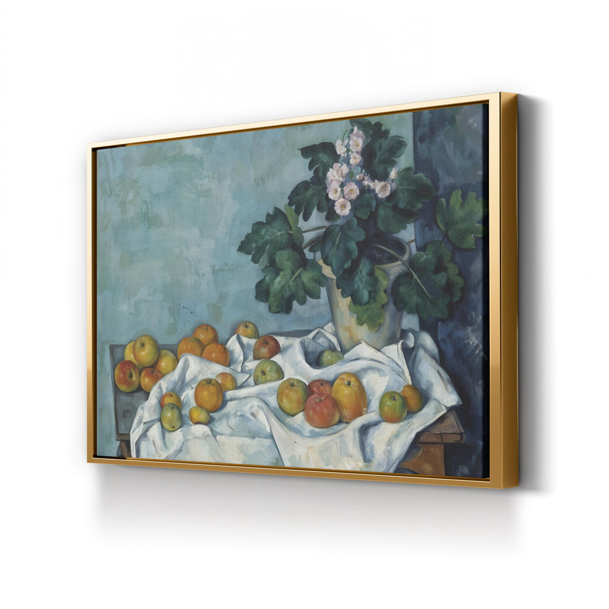 Still Life with Apples and a Pot of Primroses by Paul Cézanne canvas print in gold frame