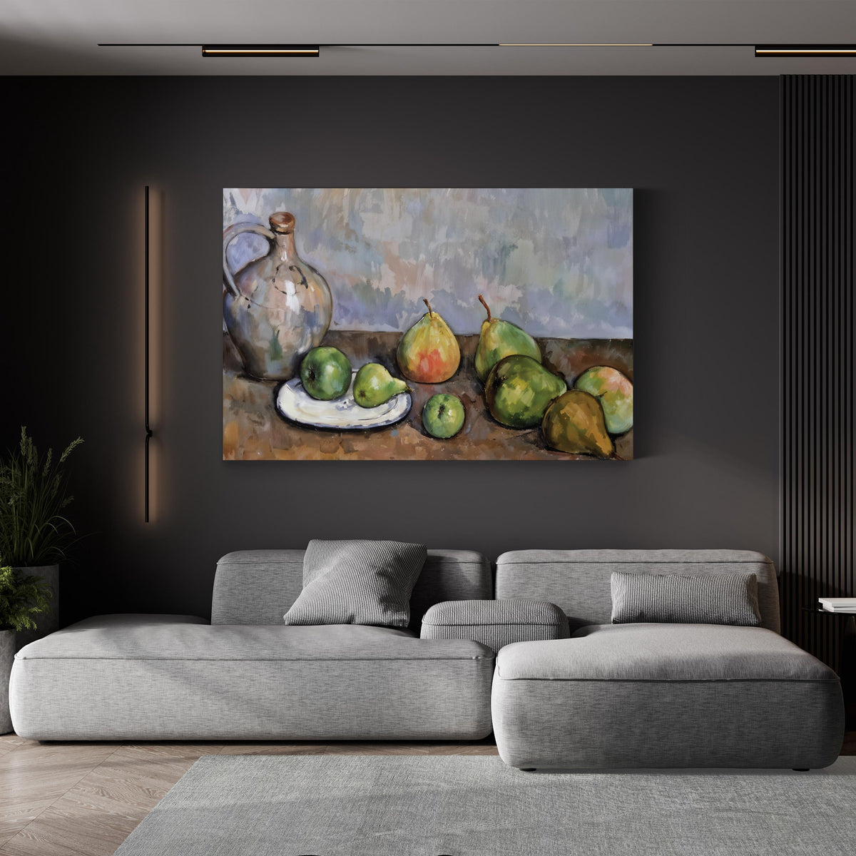 Still Life with Pitcher and Fruit by Paul Cézanne canvas print, gallery canvas displayed in a room