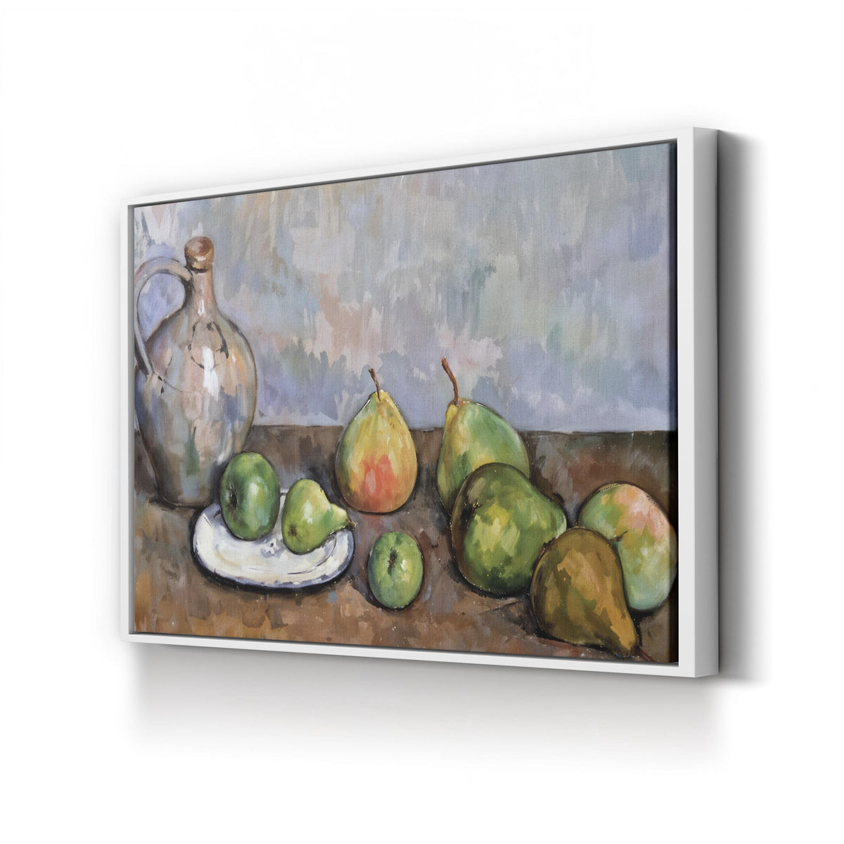 Still Life with Pitcher and Fruit by Paul Cézanne canvas print in white frame