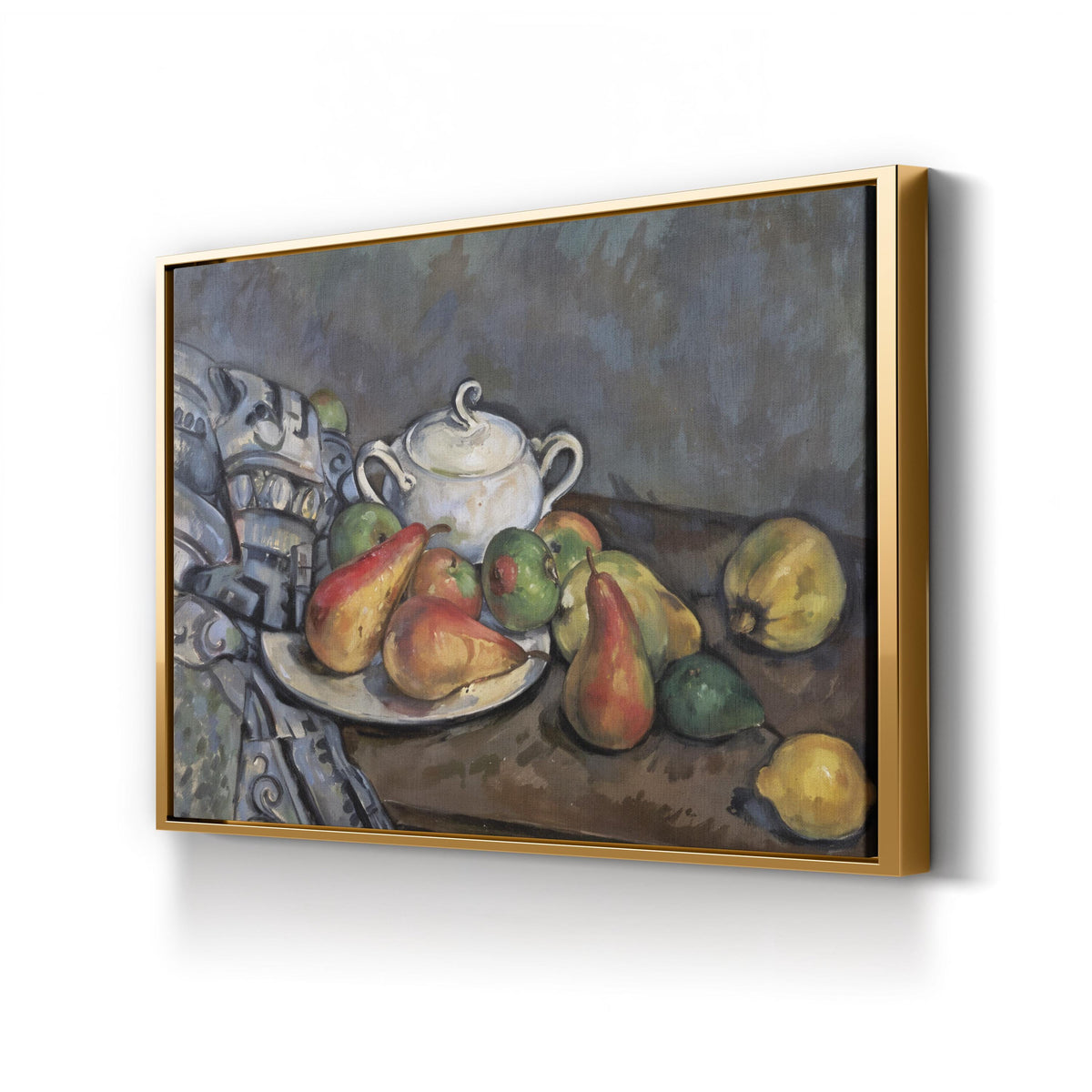 Sugar Bowl, Pears, and Tablecloth by Paul Cézanne canvas print in gold frame