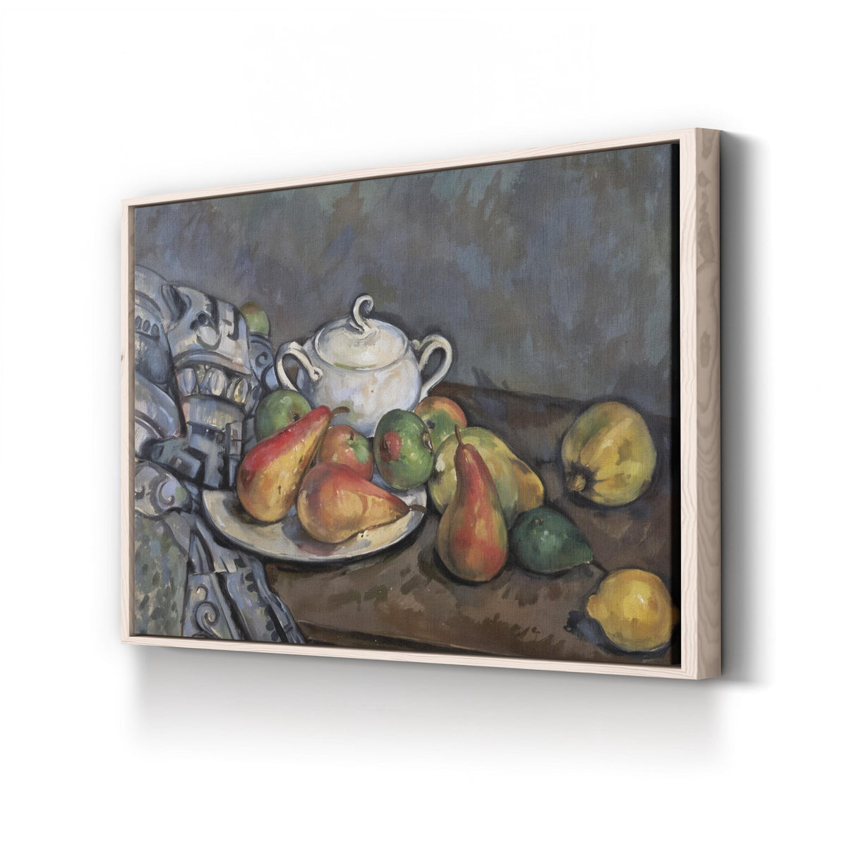 Sugar Bowl, Pears, and Tablecloth by Paul Cézanne canvas print in natural frame