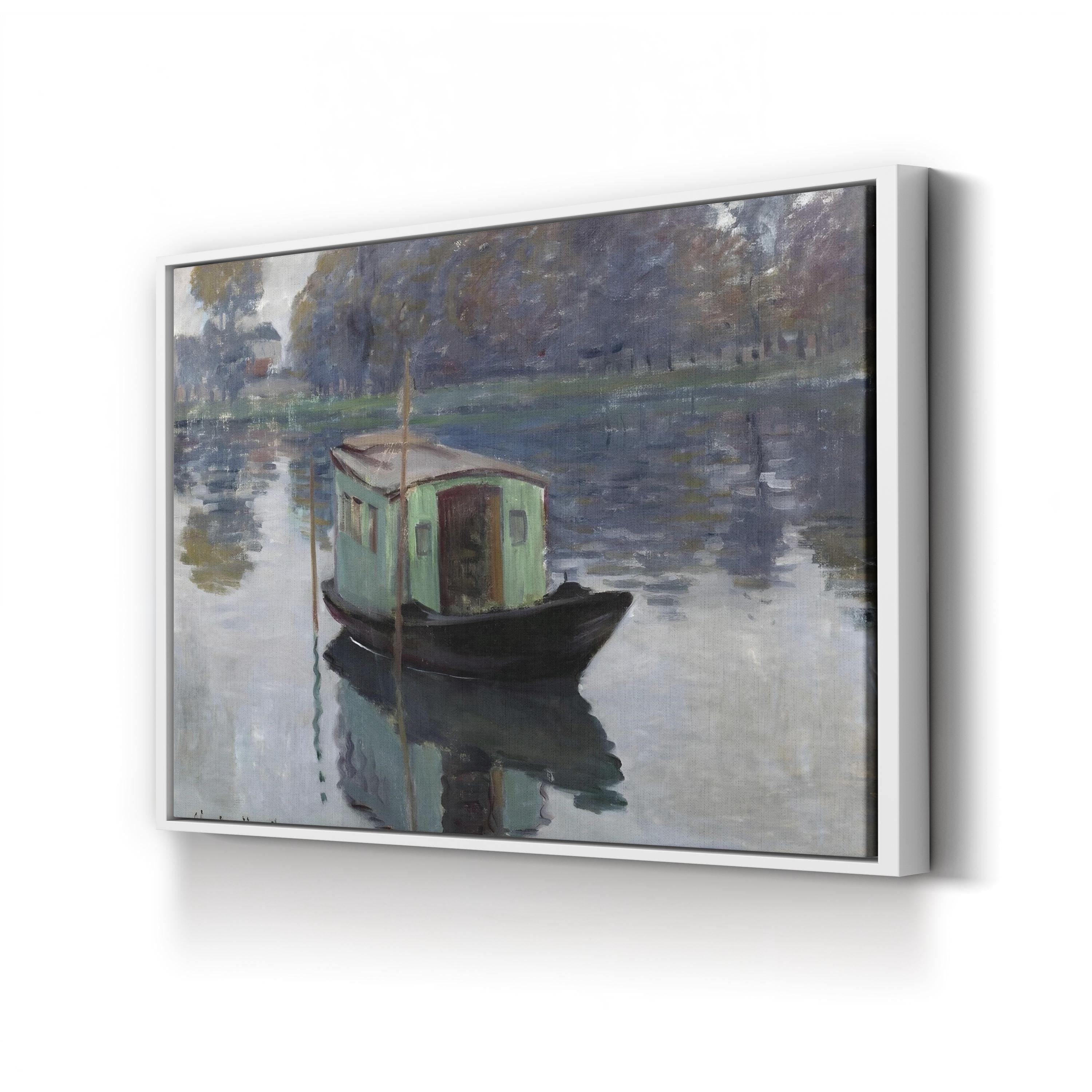 The Studio Boat, c. 1874 by Claude Monet canvas print in white frame