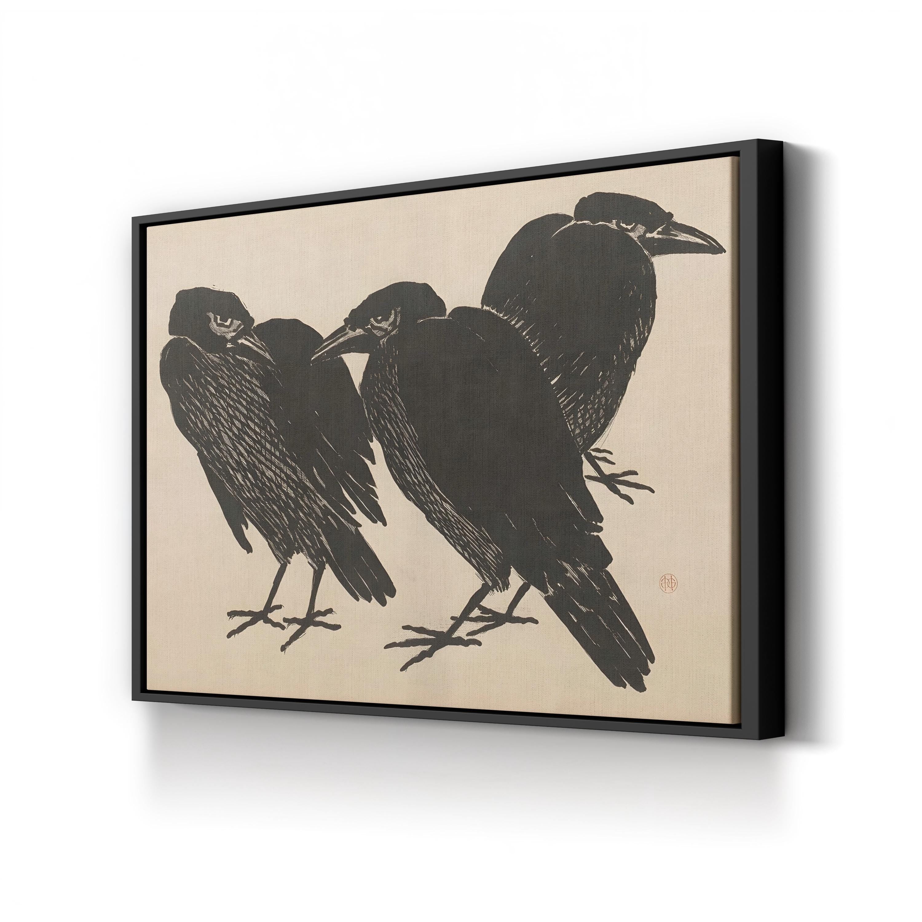 Three Crows in the Grass canvas print in black frame