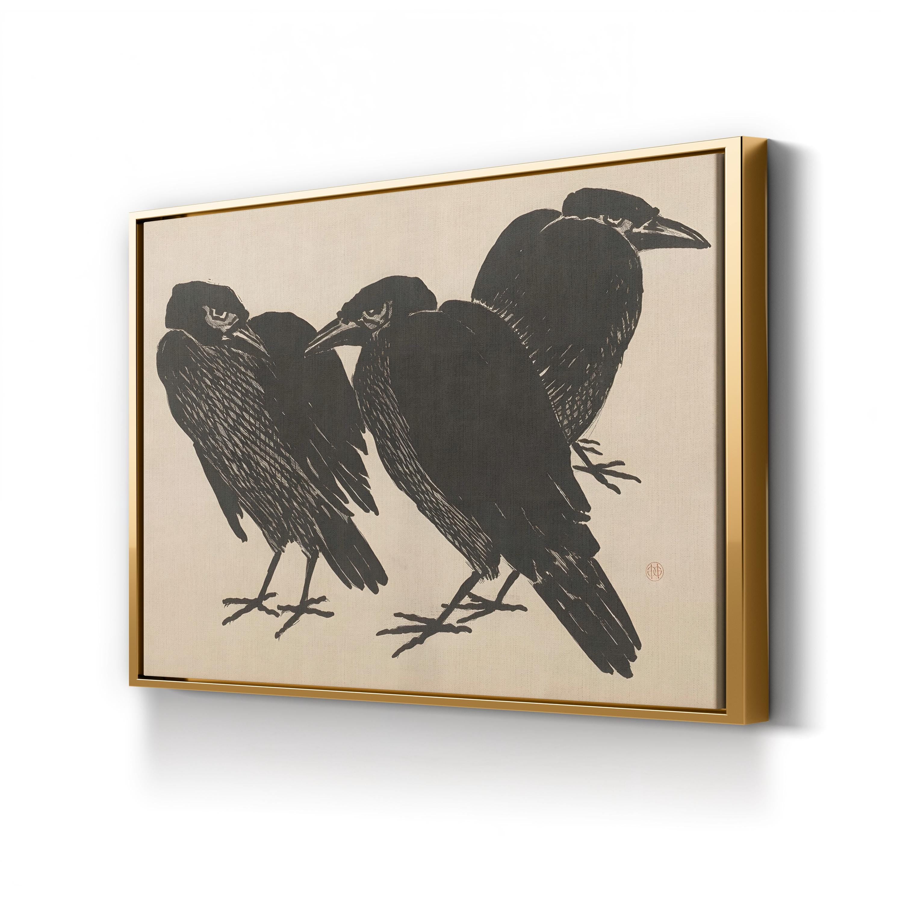 Three Crows in the Grass canvas print in gold frame