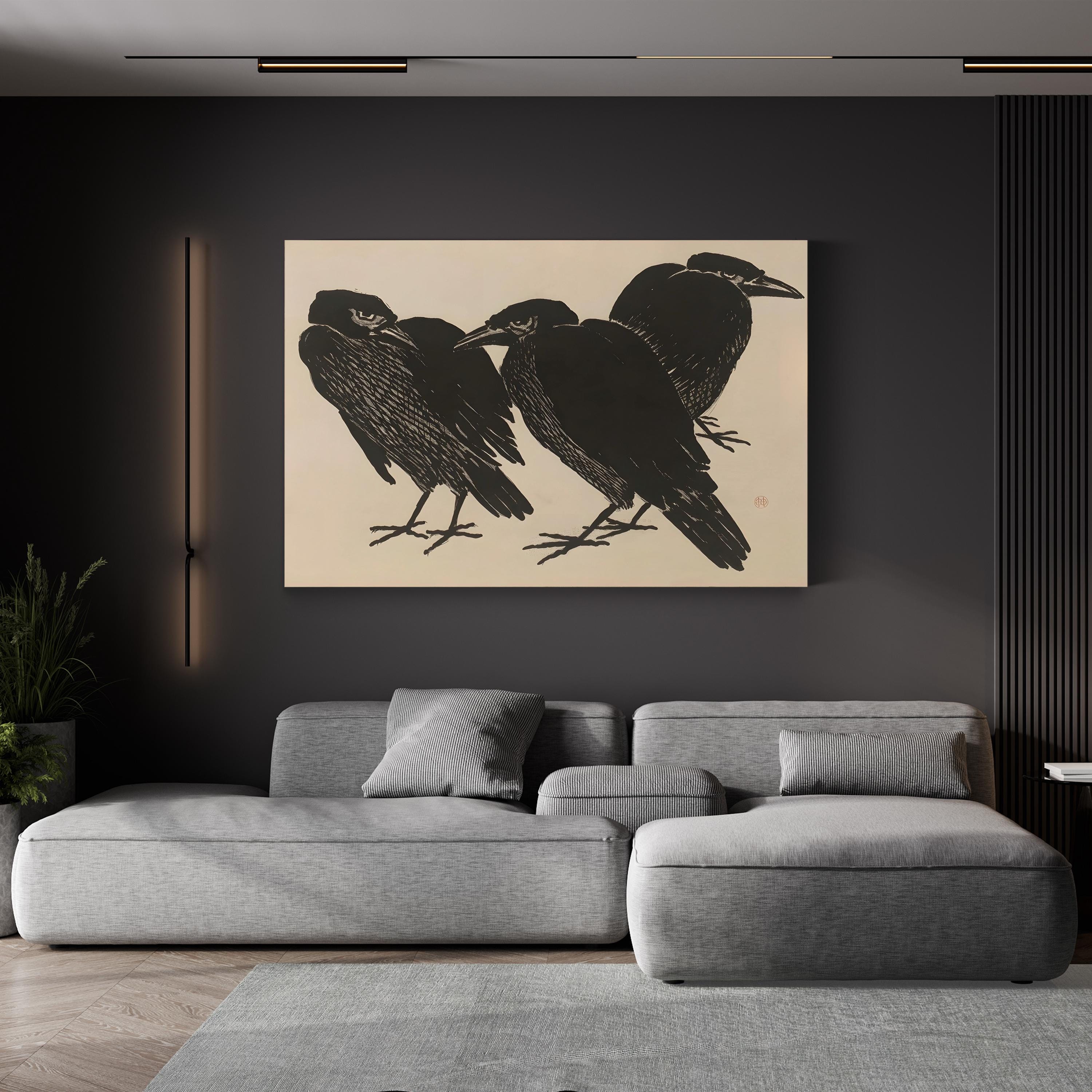 Three Crows in the Grass canvas print displayed above a gray sofa