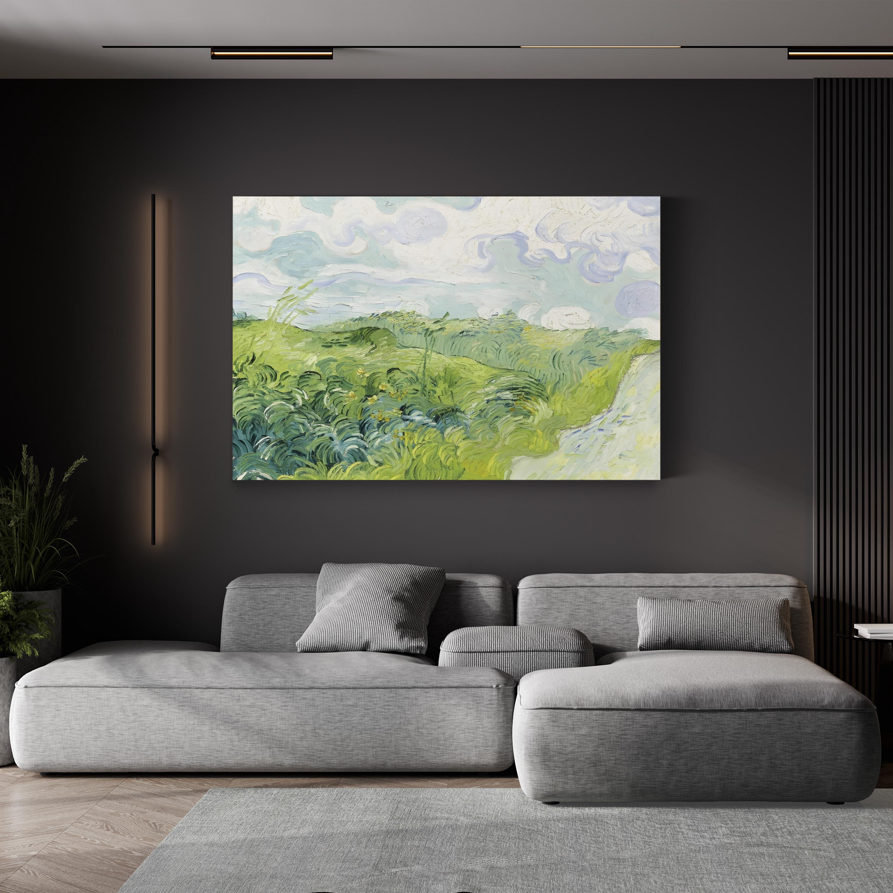Van Gogh Clouds I Canvas Print: Framed Green Hills Oil Painting Style