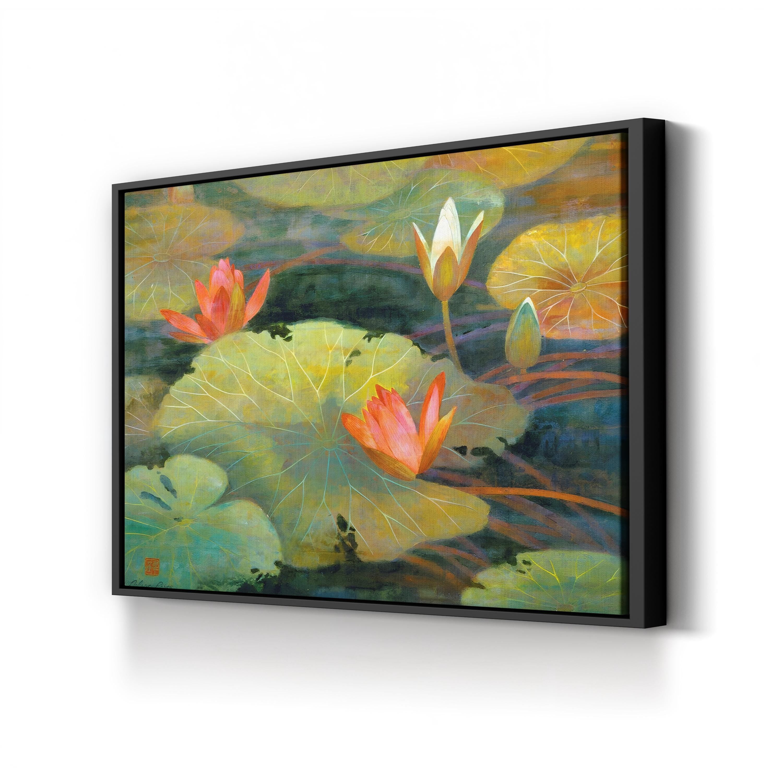 Framed painting of water lilies with a black frame on a white background