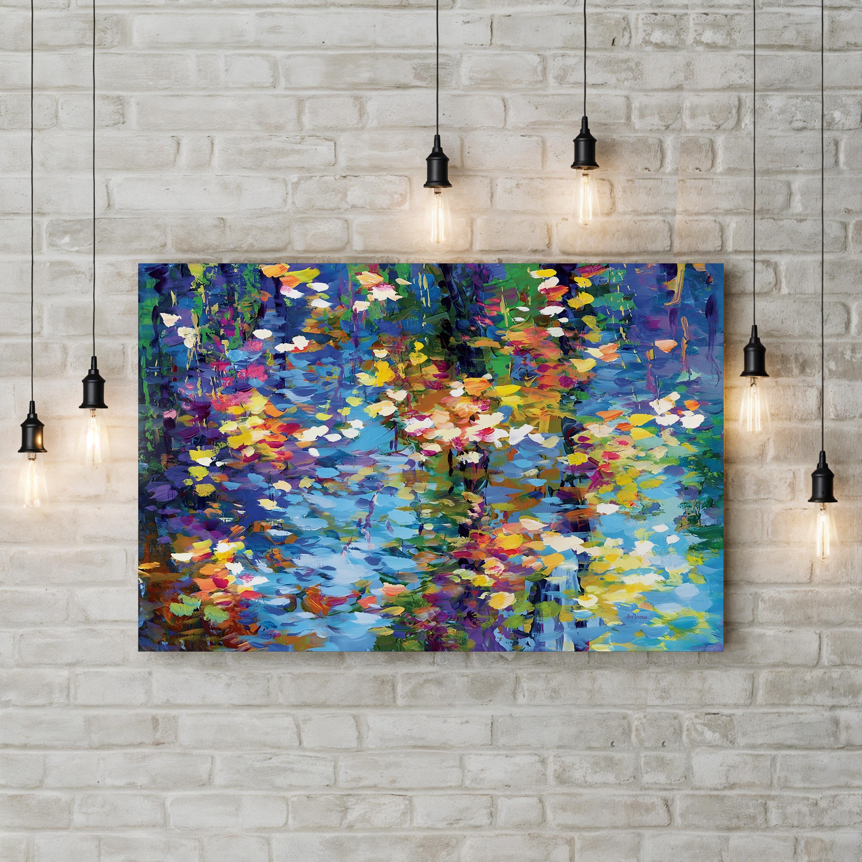 Colorful abstract painting on a brick wall with pendant lights.