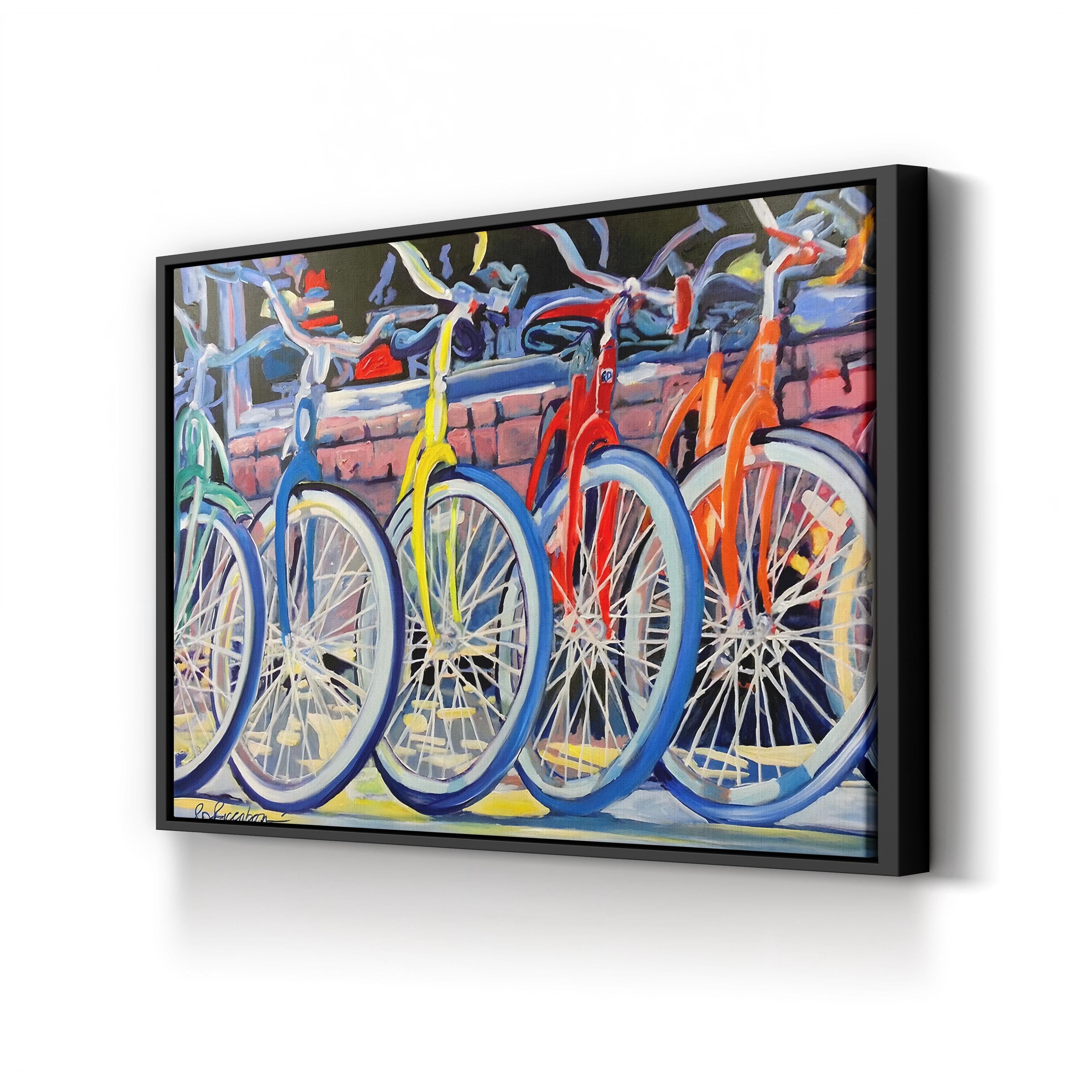 Vintage Bicycle Shop Canvas Art: Yellow Bike & Colorful Storefront Scene