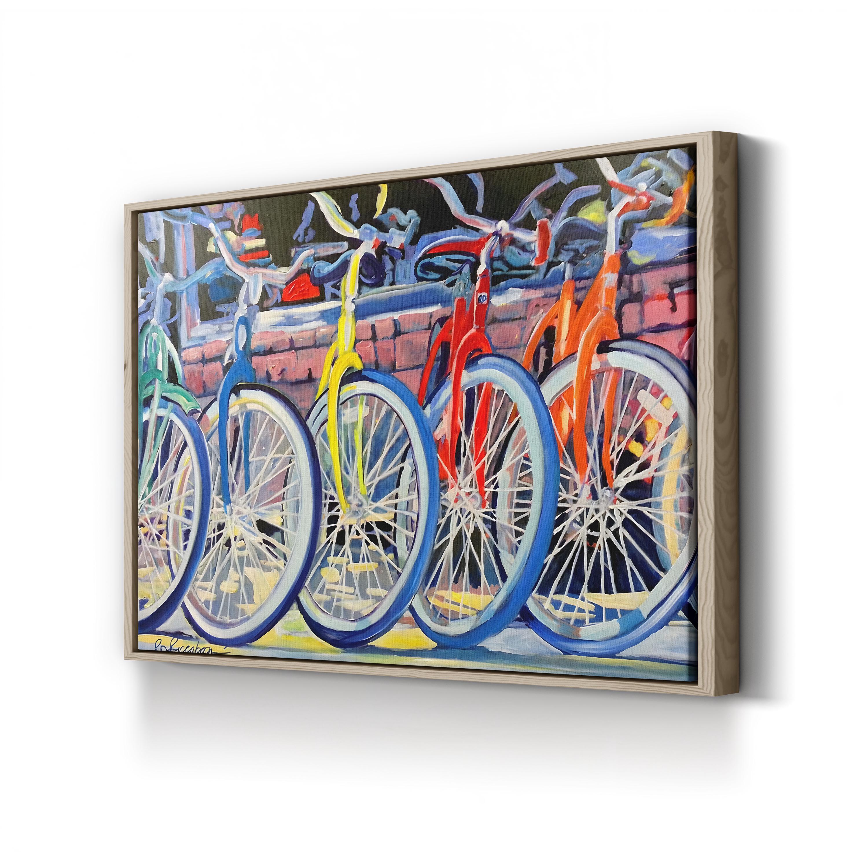Vintage Bicycle Shop Canvas Art: Yellow Bike & Colorful Storefront Scene