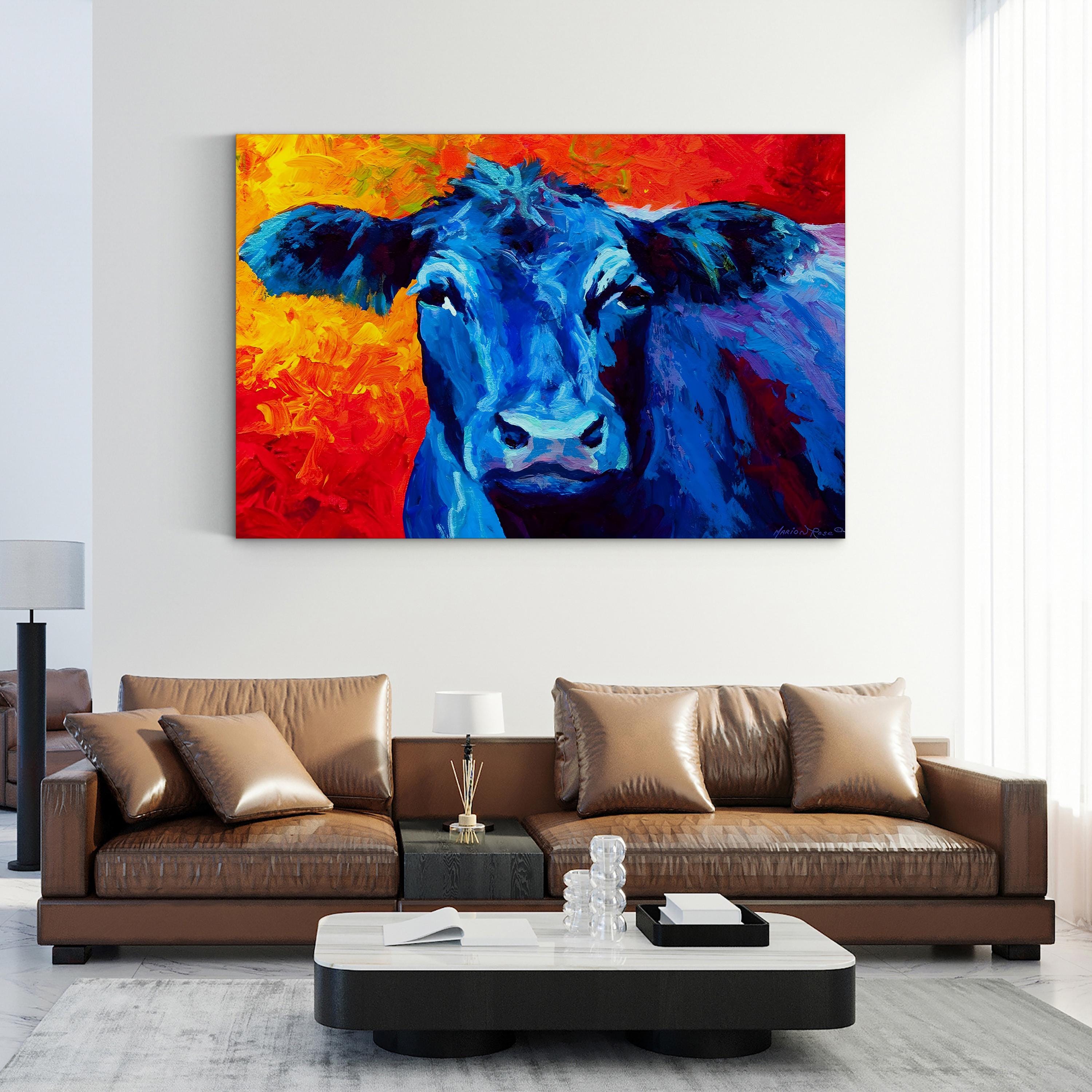 Blue Cow Wall Art by Marion Rose | Contemporary Colorful Animal Portrait Canvas